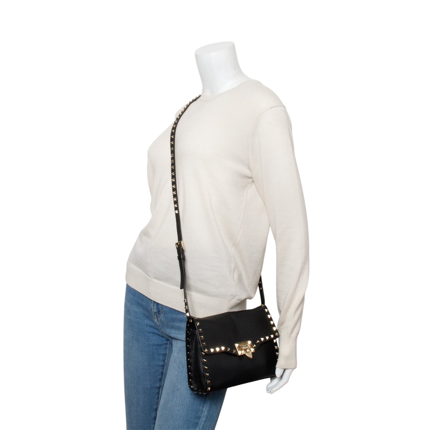 Valentino Black Small Rockstud Grainy Calfskin Crossbody Bag
