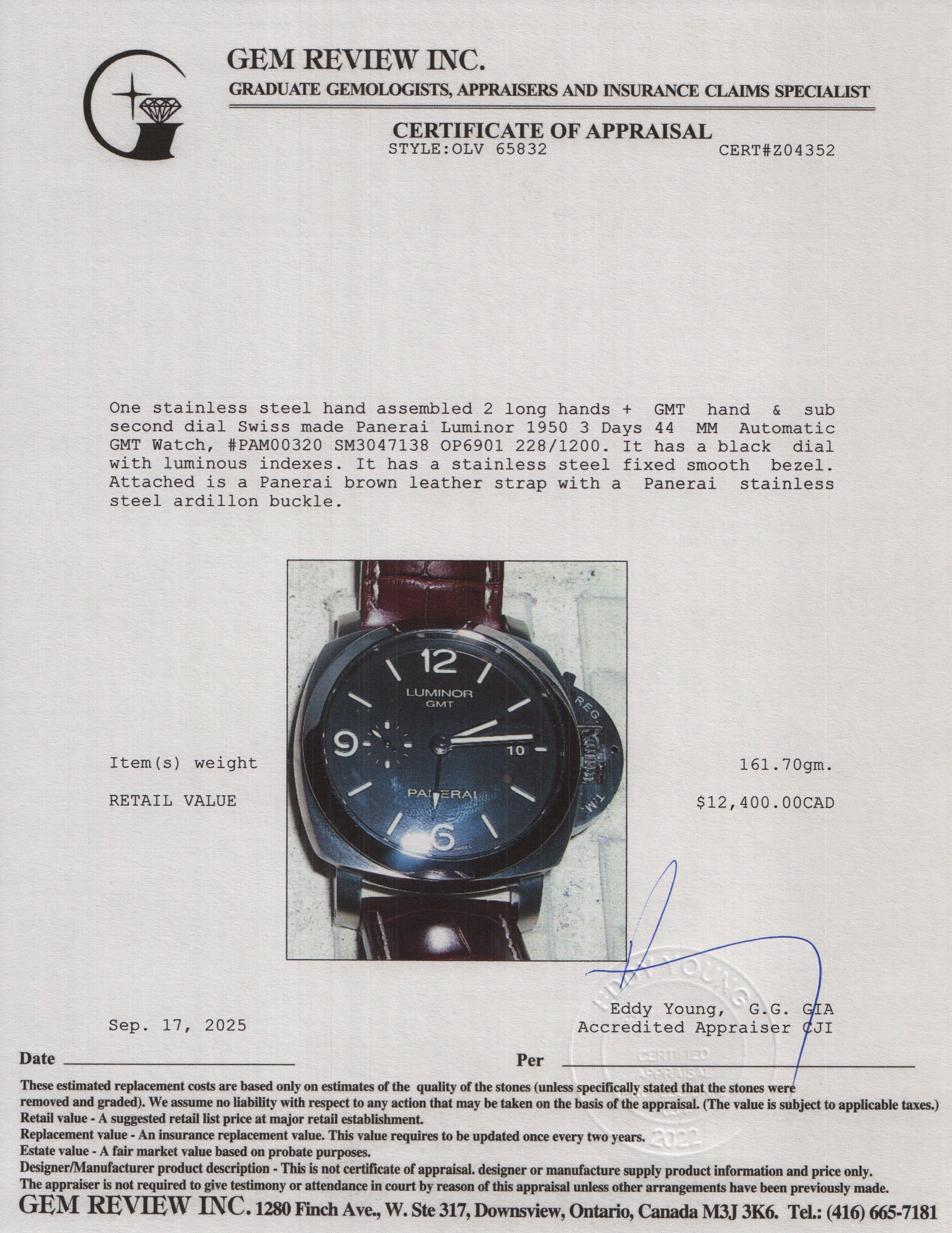 Panerai Stainless Steel Luminor 1950 3 Days 44 MM Automatic GMT Watch Black Dial PAM00320 w/ Box & Papers