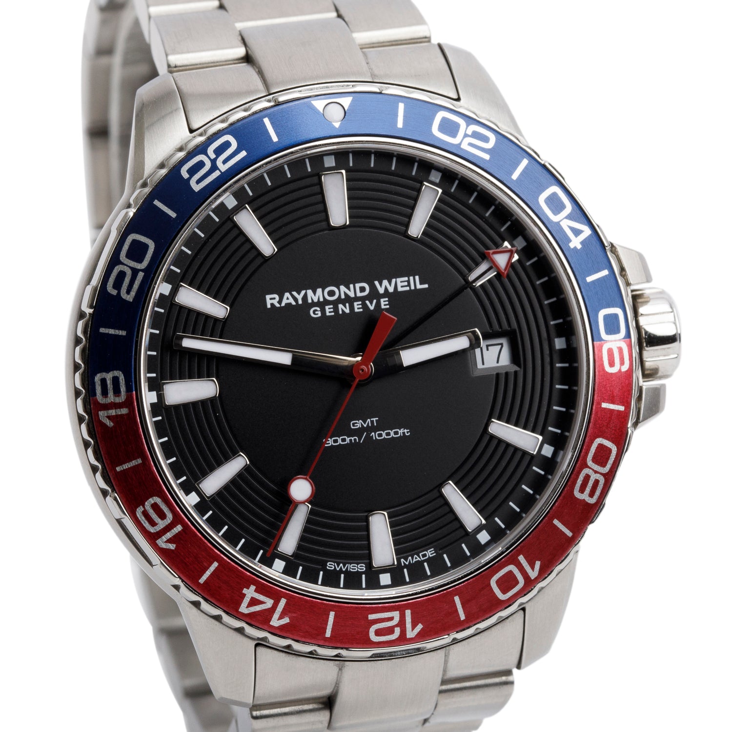 Raymond Weil Stainless Steel Pepsi Bezel Tango 42 MM GMT Quartz Watch Black Dial 8280 w/ Box & Papers