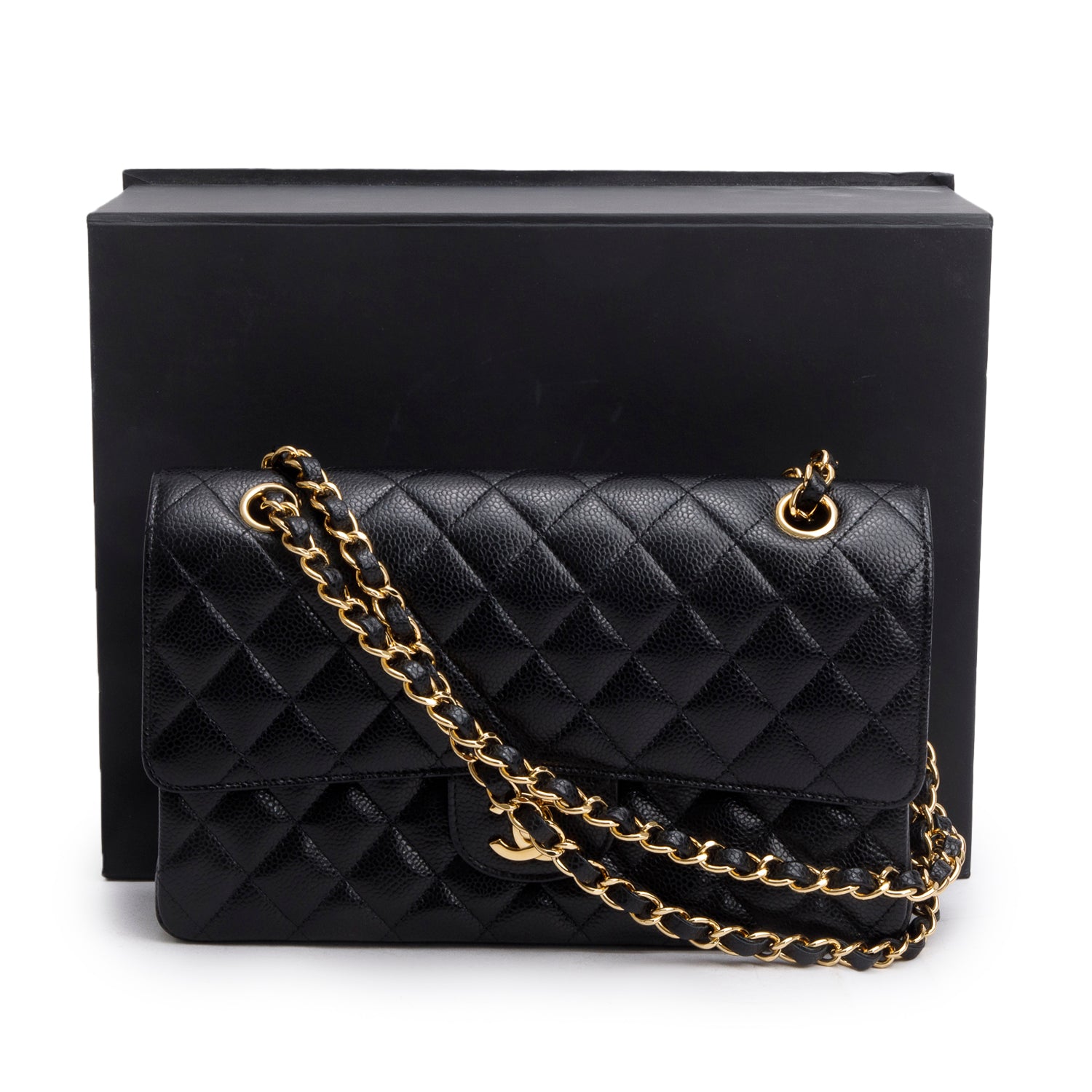 Chanel Black Quilted Caviar Leather Classic Medium Double Flap Bag w/ Box & Authenticity Card