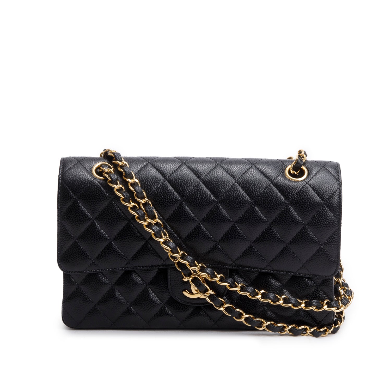 Chanel Black Quilted Caviar Leather Classic Medium Double Flap Bag w/ Box & Authenticity Card