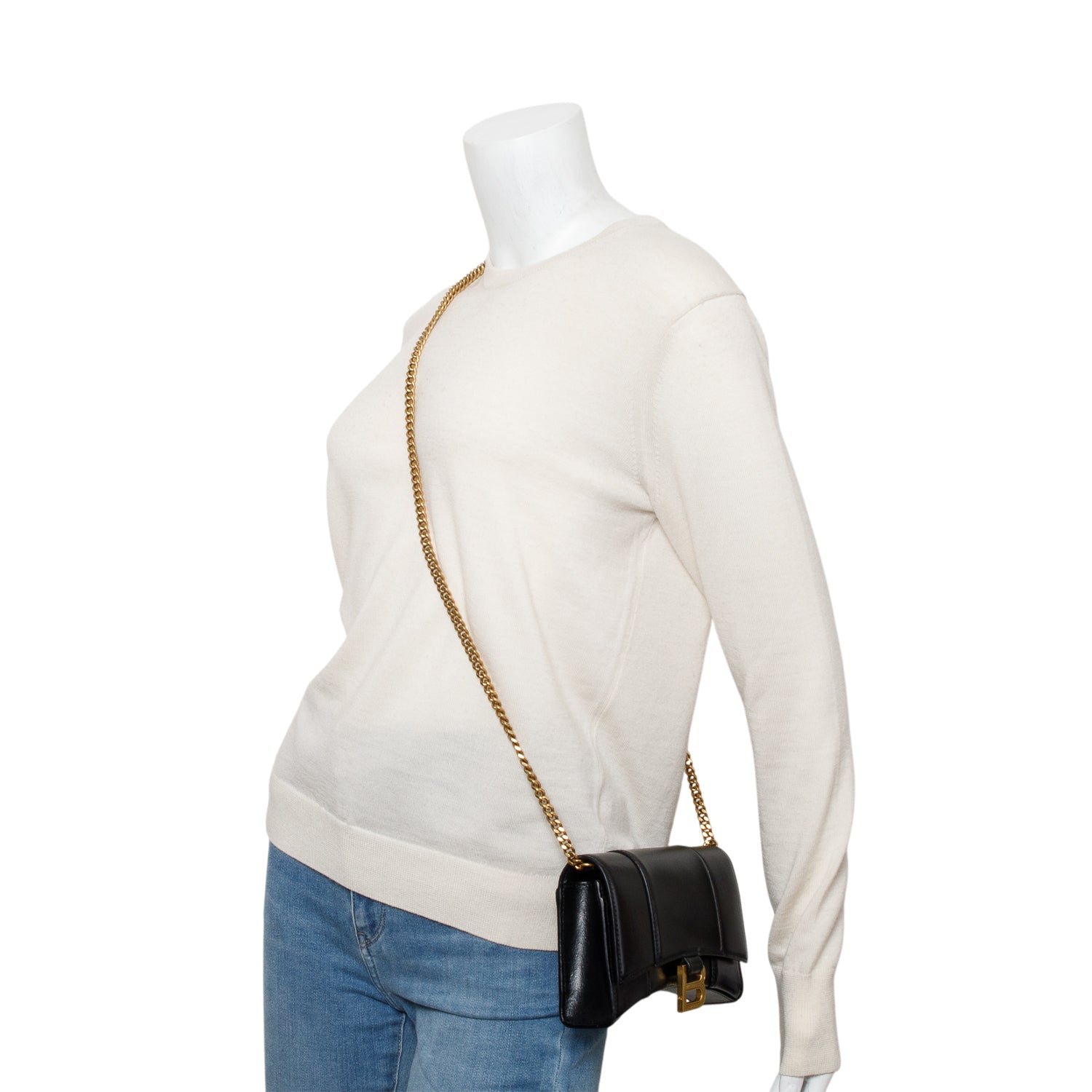 Balenciaga Black Smooth Leather Hourglass Wallet on Chain