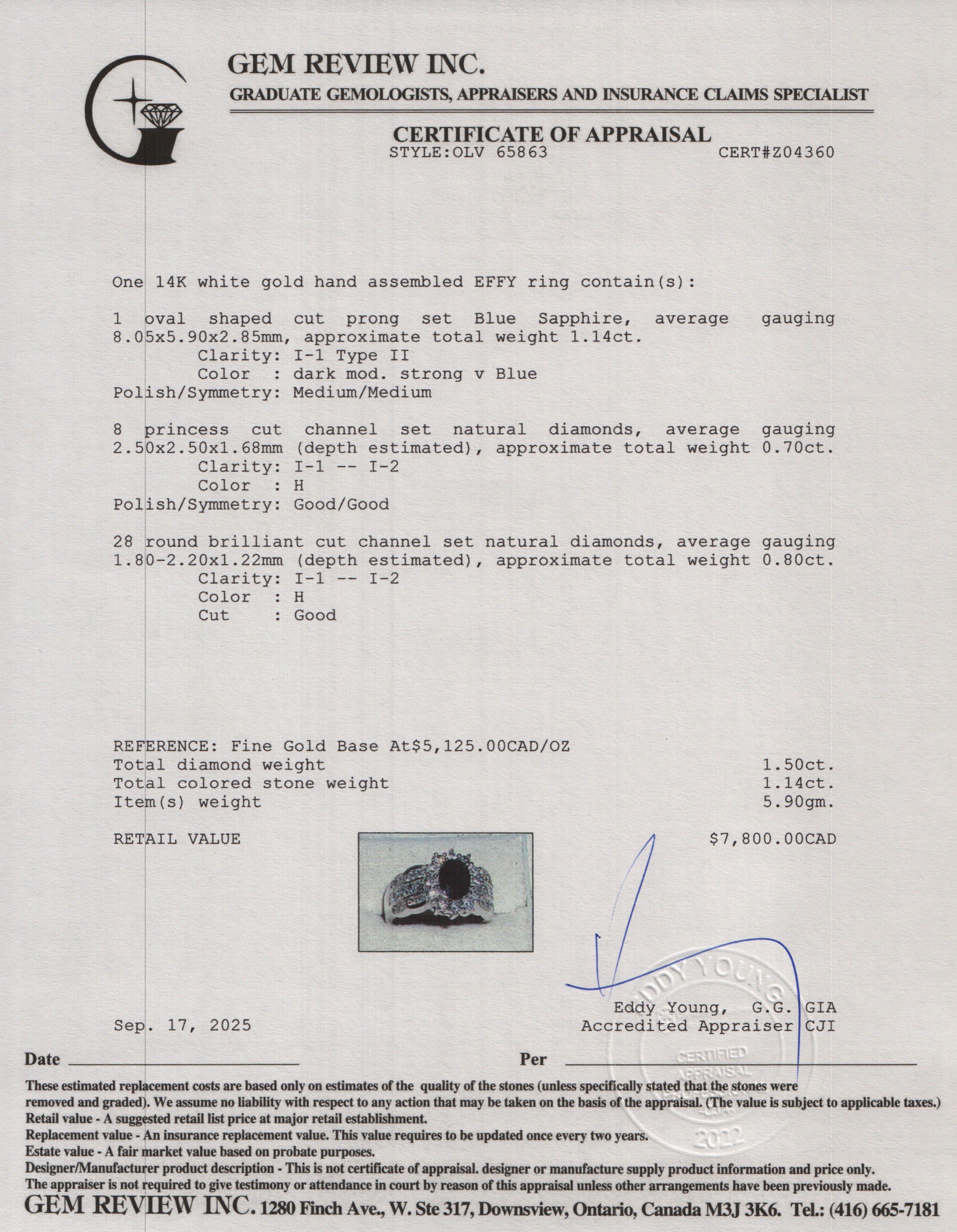 Effy 14k White Gold Blue Sapphire & Diamond Ring, Size 7