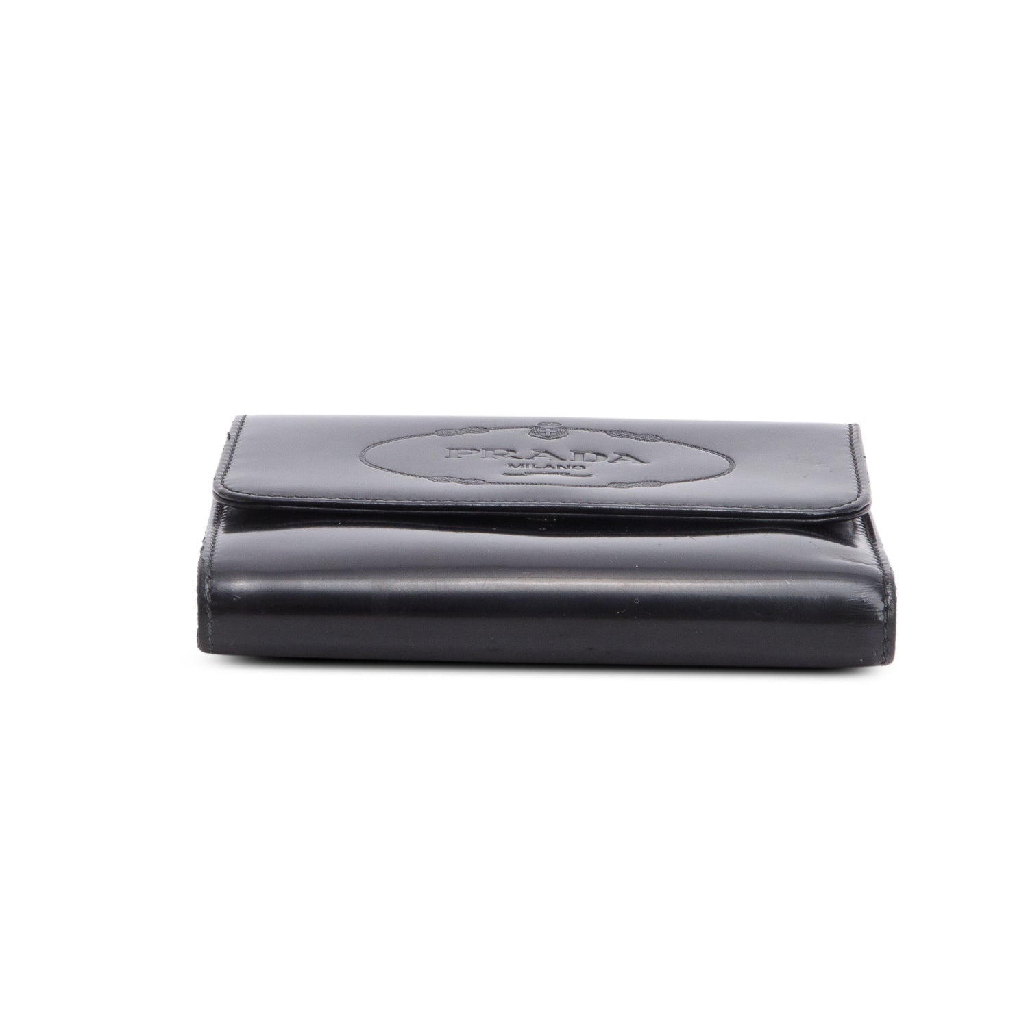 Prada Black Spazzolato Trifold Compact Wallet w/ Box