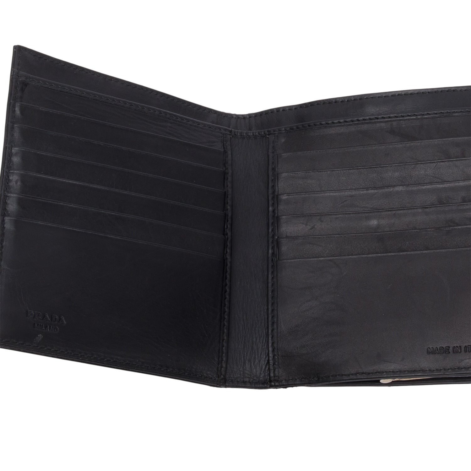 Prada Black Spazzolato Trifold Compact Wallet w/ Box