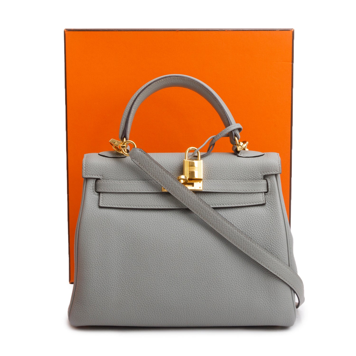 Hermes Gris Mouette Togo Kelly II Retourne 25 w/ Strap & Box