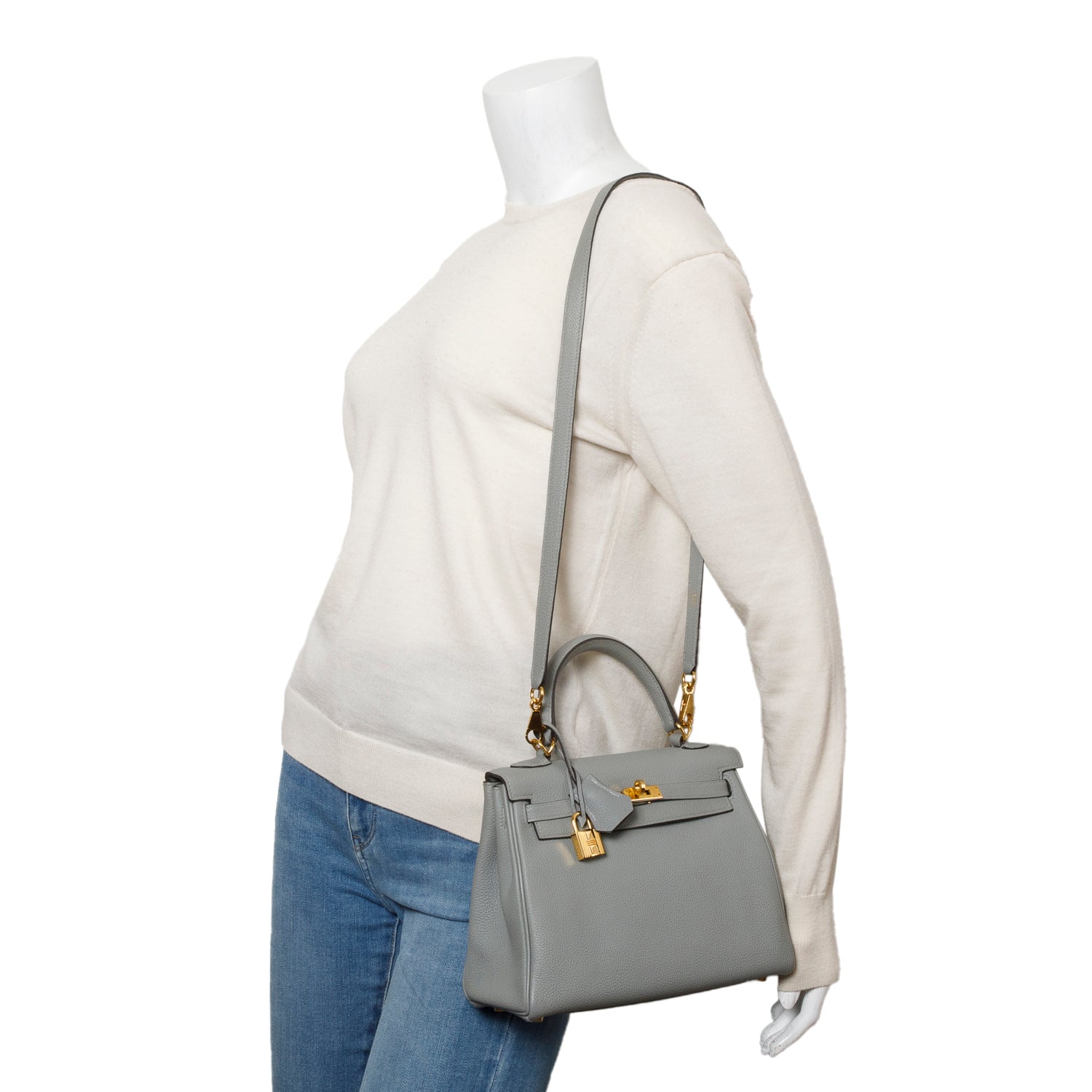 Hermes Gris Mouette Togo Kelly II Retourne 25 w/ Strap & Box