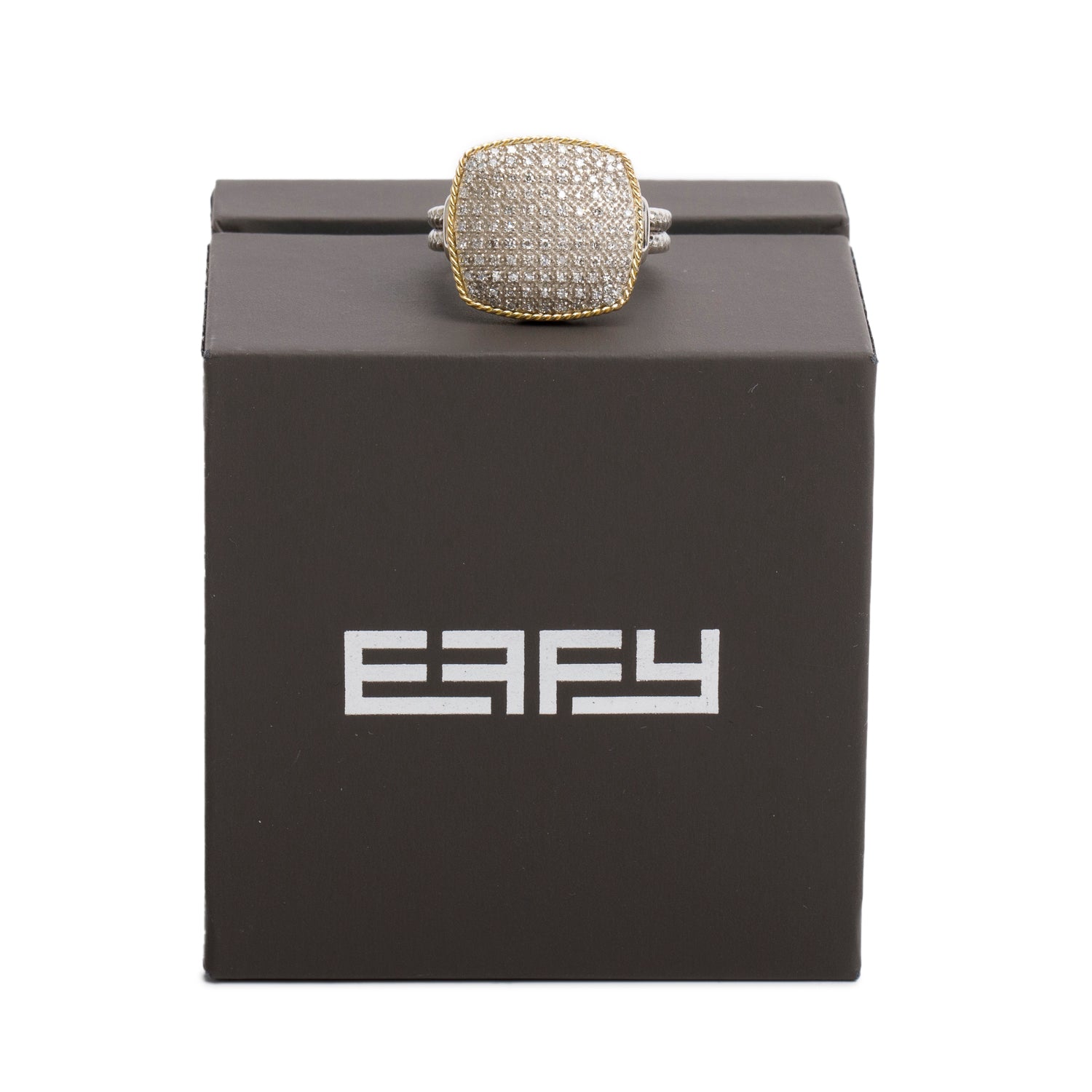Effy Sterling Silver and 18k Yellow Gold Pave Diamond Cushion Top Ring, Size 7 w/ Box