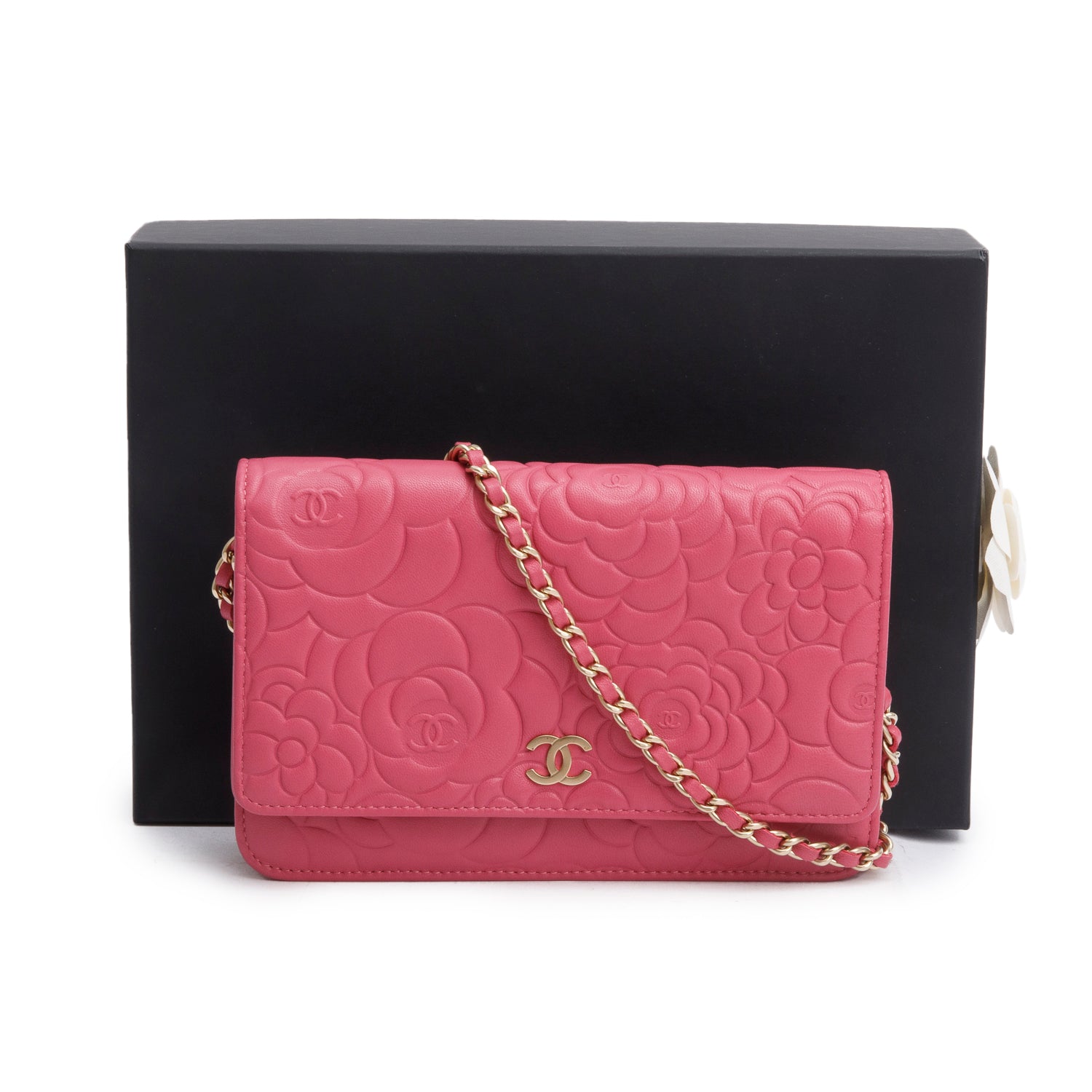 Chanel Pink Lambskin Camellia Embossed Wallet on Chain w/ Box & Authenticity Card
