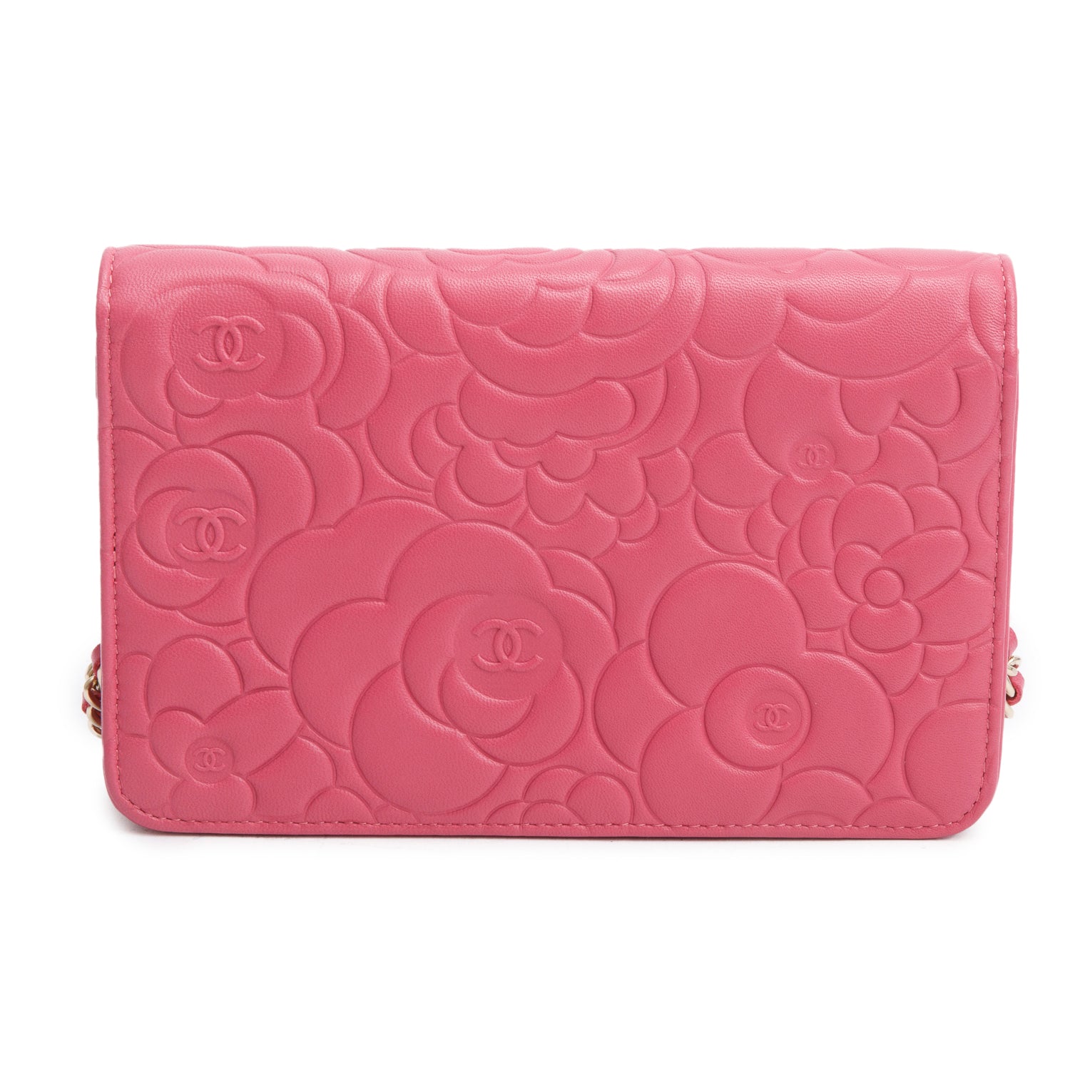 Chanel Pink Lambskin Camellia Embossed Wallet on Chain w/ Box & Authenticity Card