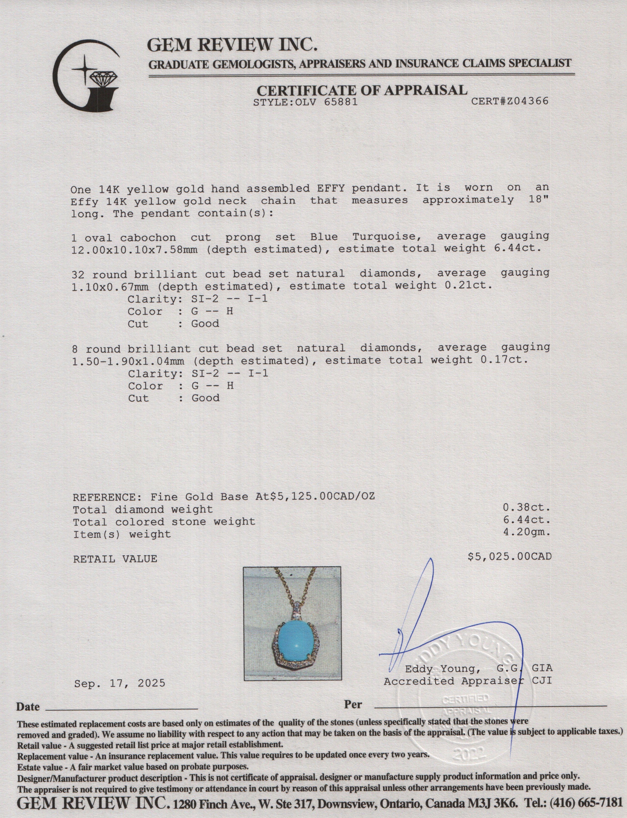 Effy 14k Yellow Gold Turquoise & Diamond Pendant Necklace w/ Box