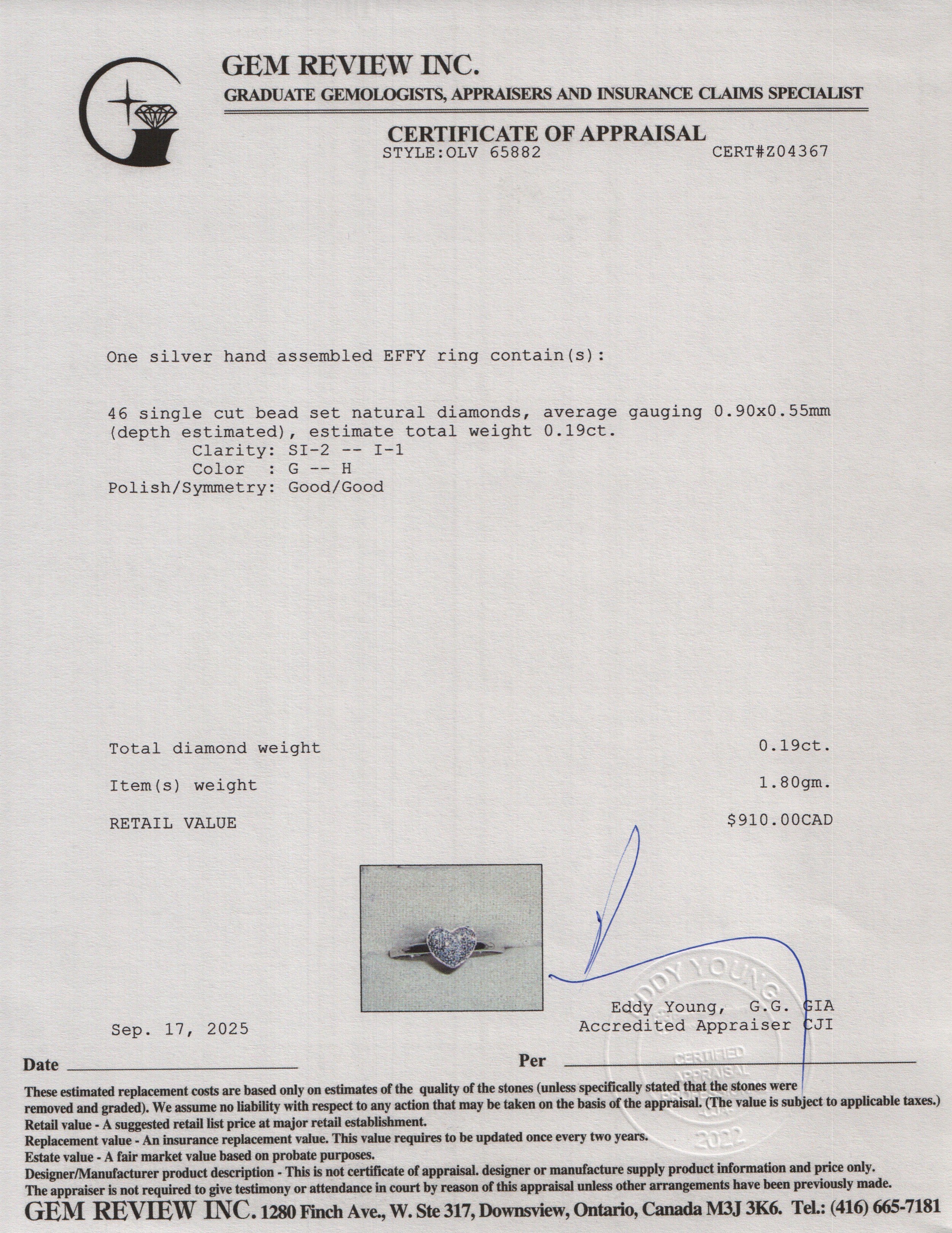 Effy Sterling Silver Diamond Heart Ring, Size 7