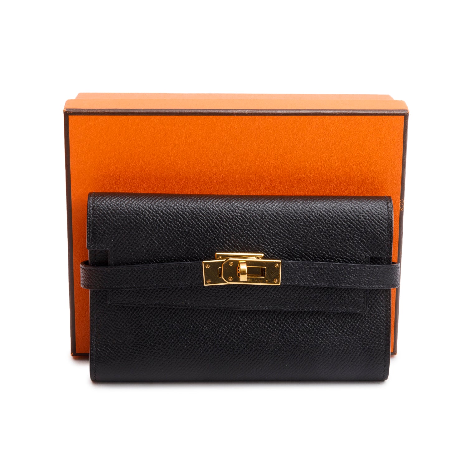 Hermes Noir Epsom Leather Kelly Depliant Medium Trifold Wallet w/ Box