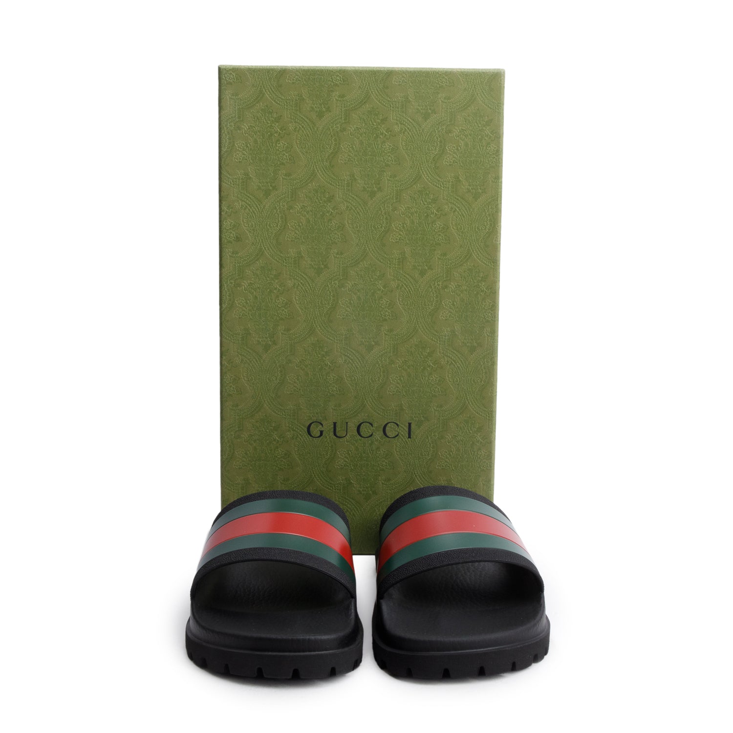 Gucci Black, Green & Red Web Accent Rubber Slides, Men's Size 7 w/ Box