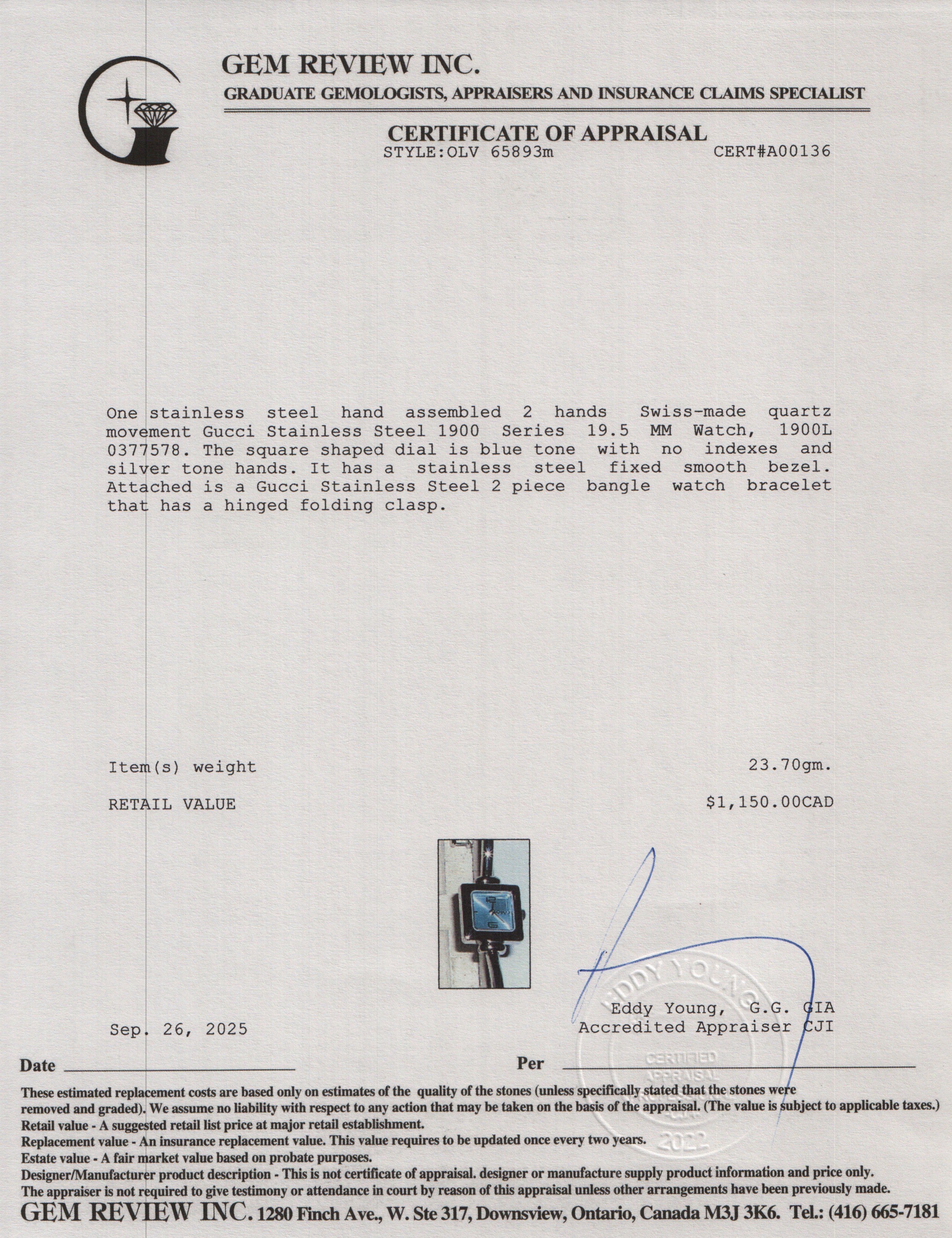 Gucci Stainless Steel 1900 Series 19.5 MM Watch Blue Dial