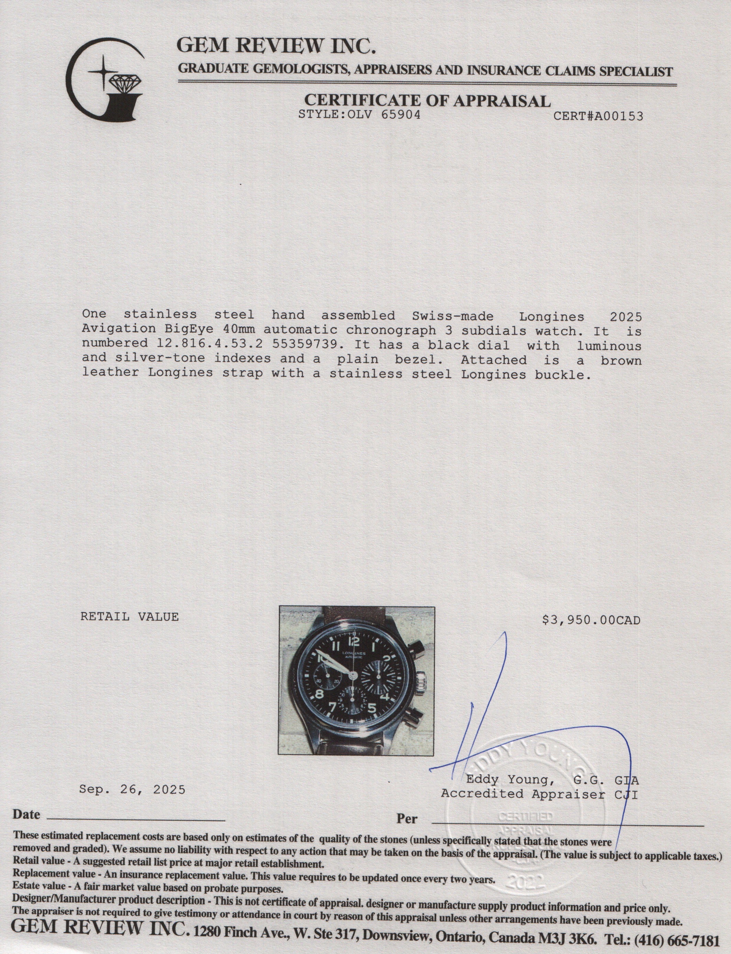 Longines 2025 Stainless Steel Avigation BigEye 40 MM Automatic Chronograph Watch Black Dial w/ Box & Papers