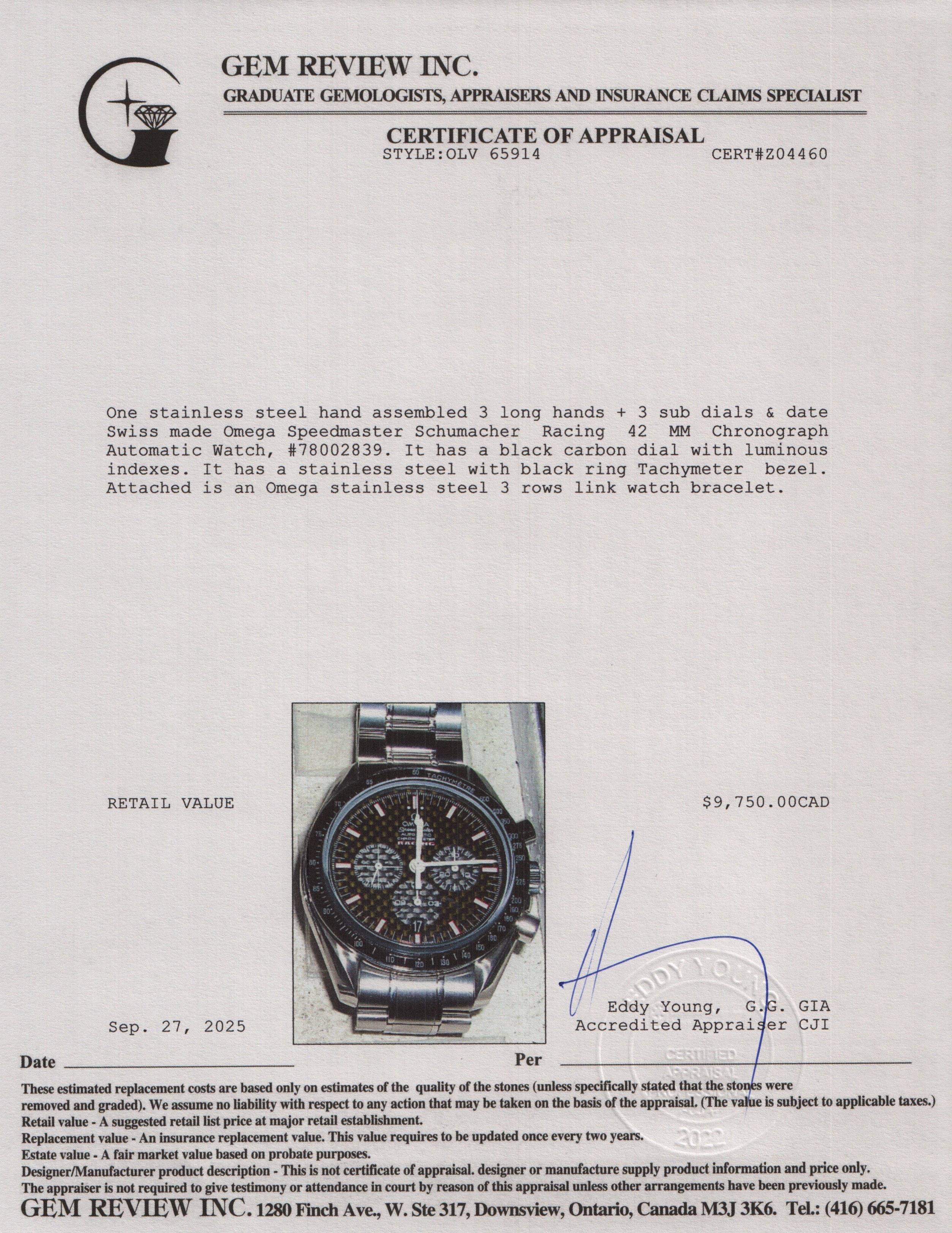 Omega Stainless Steel Speedmaster Schumacher Racing 42 MM Chronograph Automatic Watch Black Carbon Dial