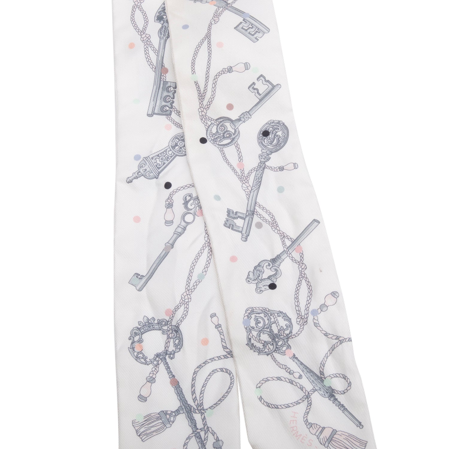 Hermes White 'Les Cles a Pois' Silk Twilly w/ Box