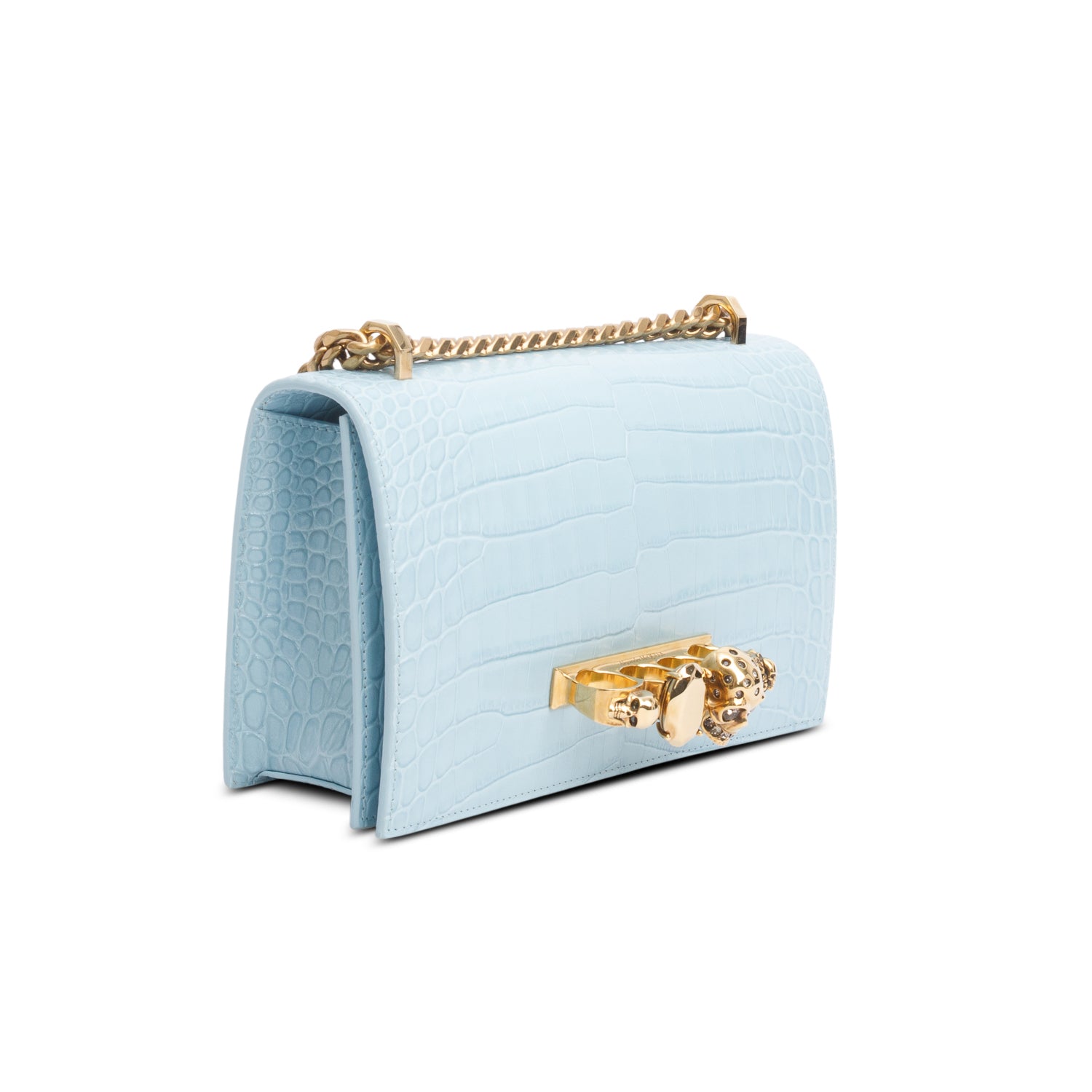 Alexander McQueen Blue Calfskin Croc Embossed Jeweled Knuckle Satchel