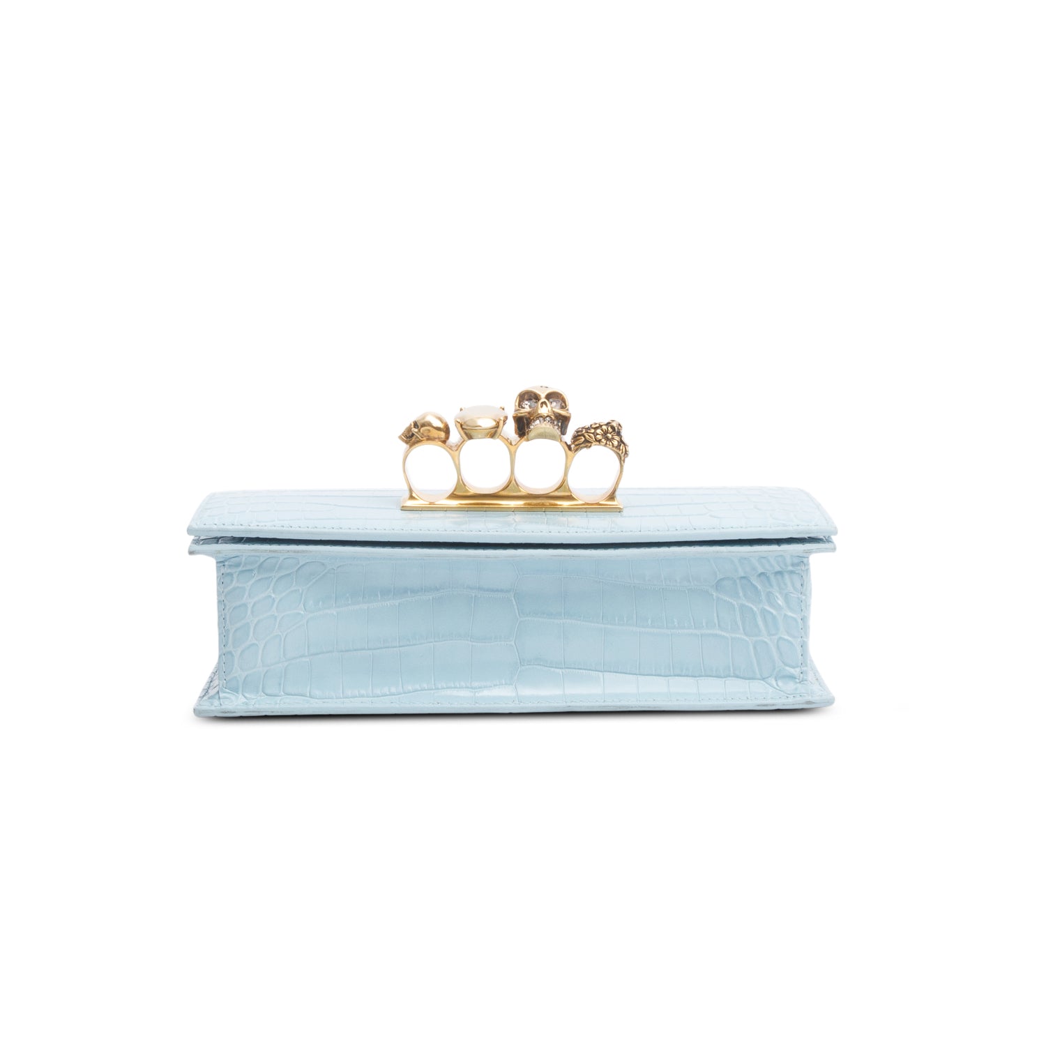 Alexander McQueen Blue Calfskin Croc Embossed Jeweled Knuckle Satchel