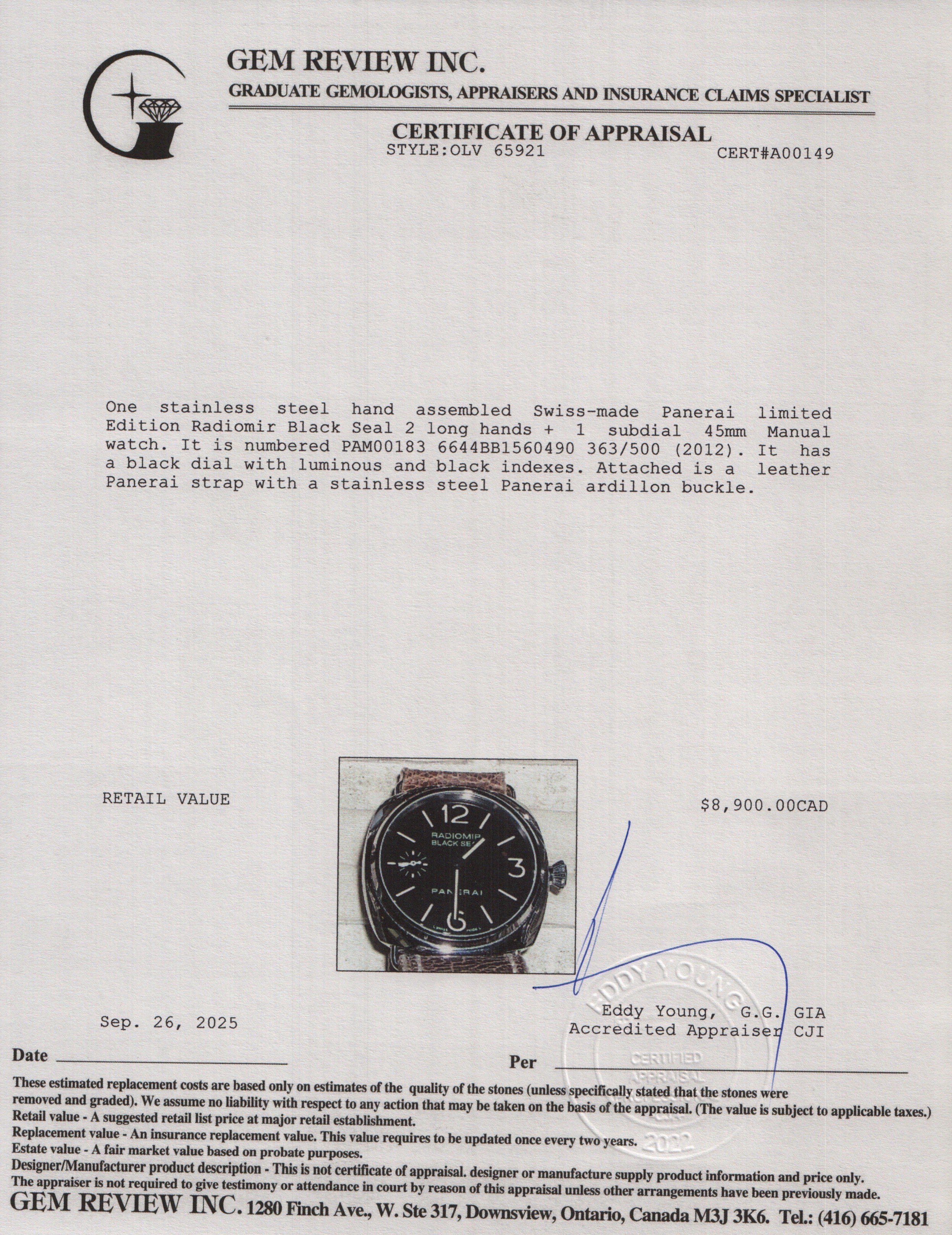 Panerai Limited Edition Stainless Steel Radiomir Black Seal 45 MM Manual Watch Black Dial PAM00183 w/ Box & Papers