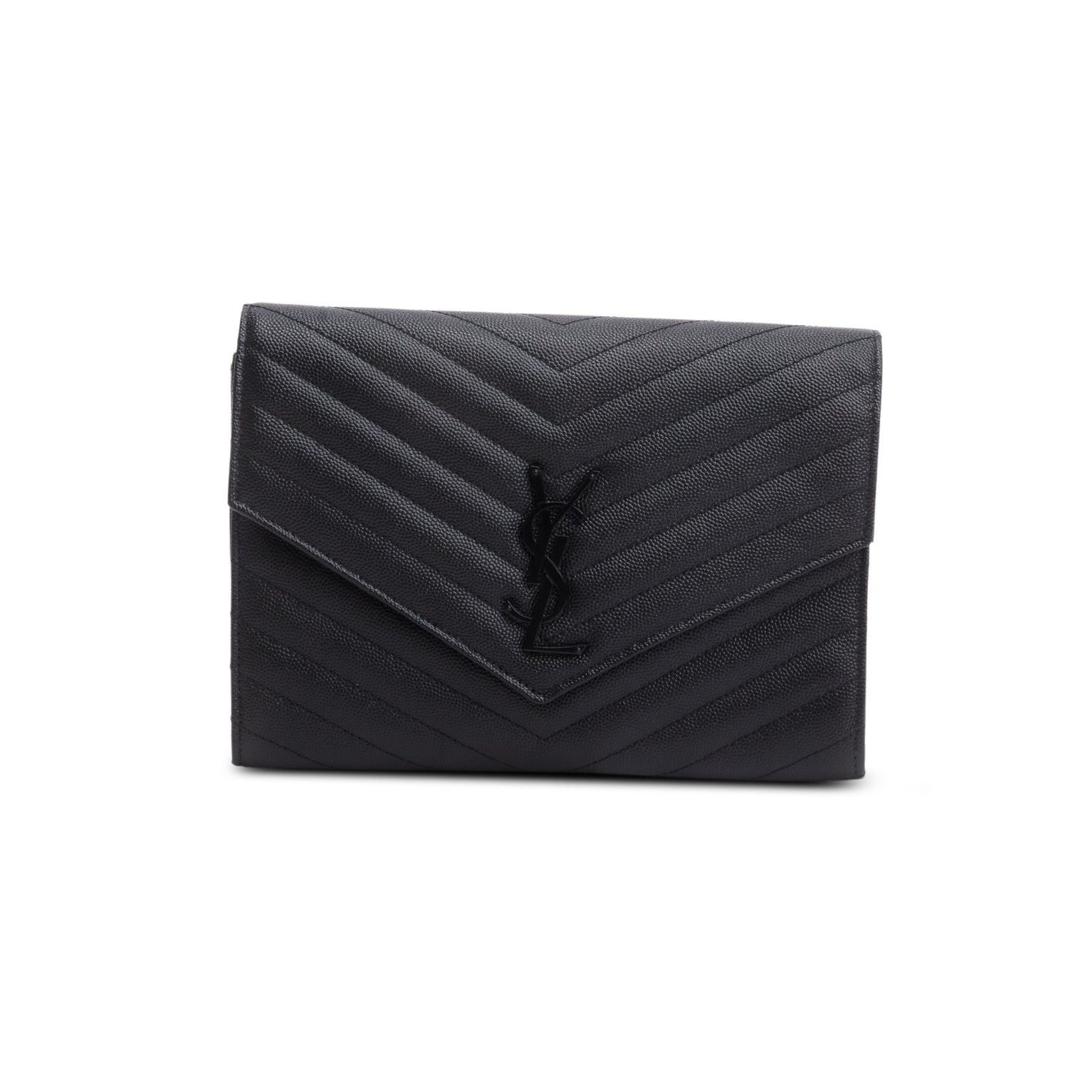 Saint Laurent 2023 Black Grain De Poudre Matelasse Chevron Cassandre Flap Clutch