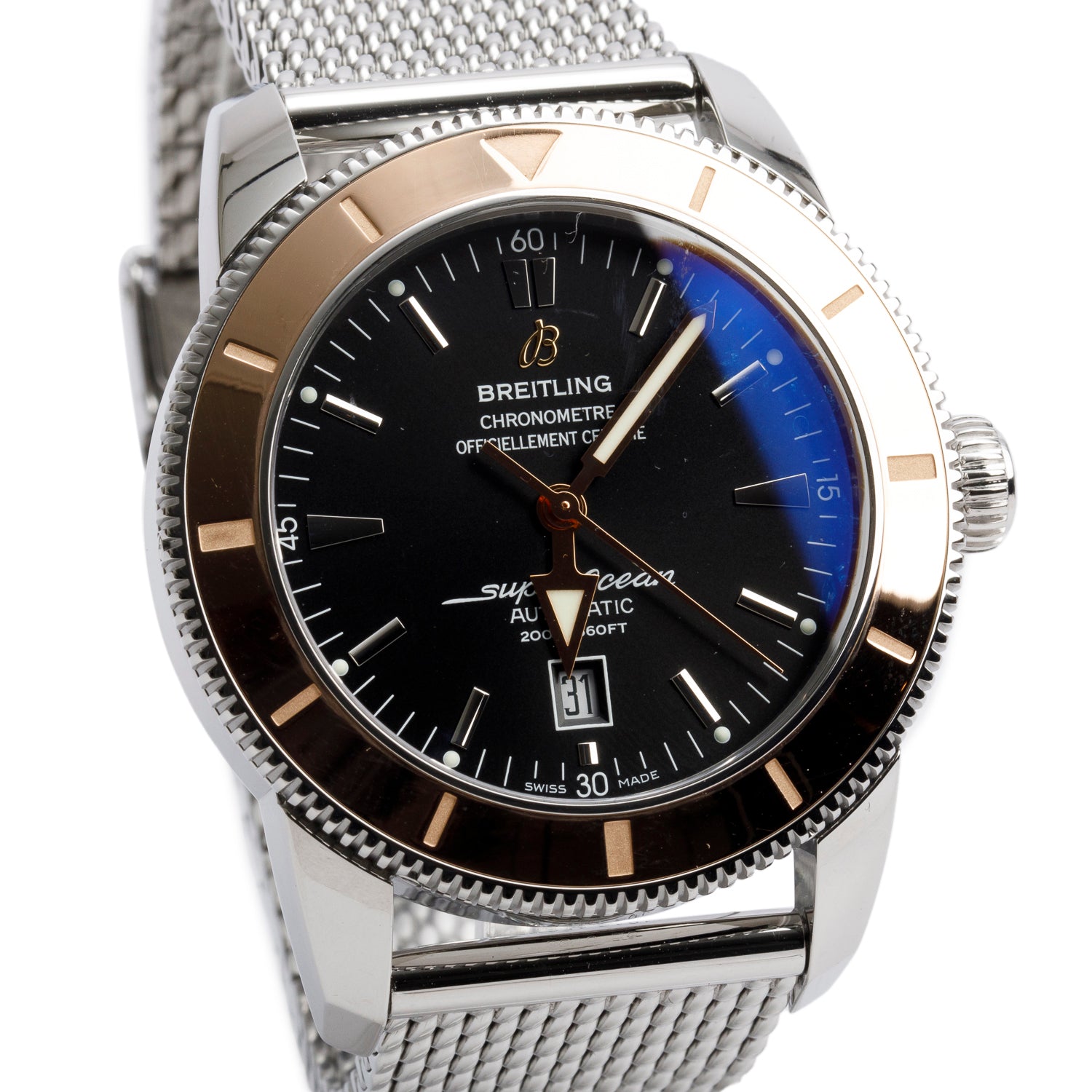 Breitling Stainless Steel & 18k Rose Gold Superocean Heritage 46 MM Automatic Watch Black Dial U17320 w/ Box, Paper & Extra Strap