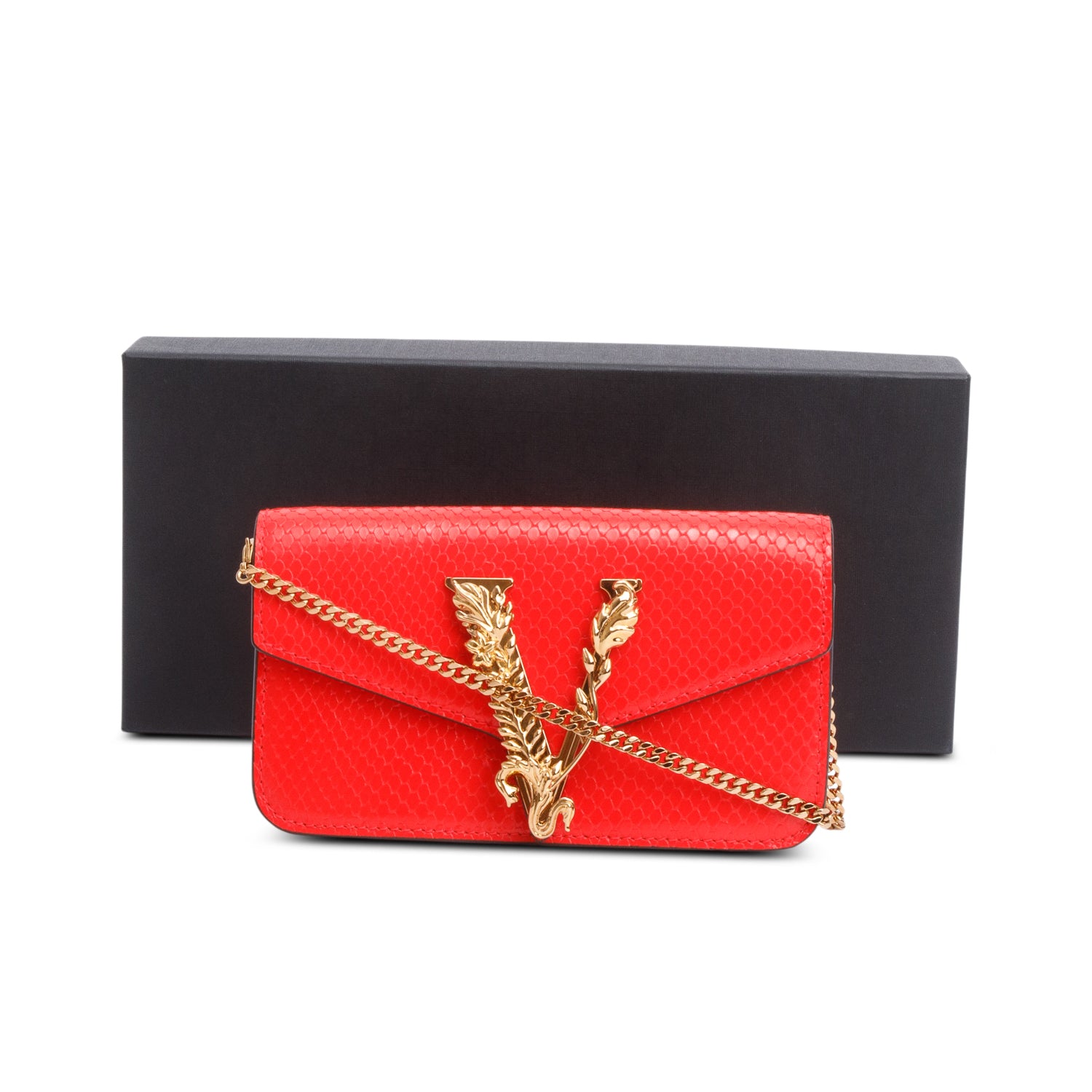 Versace Red Embossed Calf Leather Mini Chain Crossbody Bag w/ Box