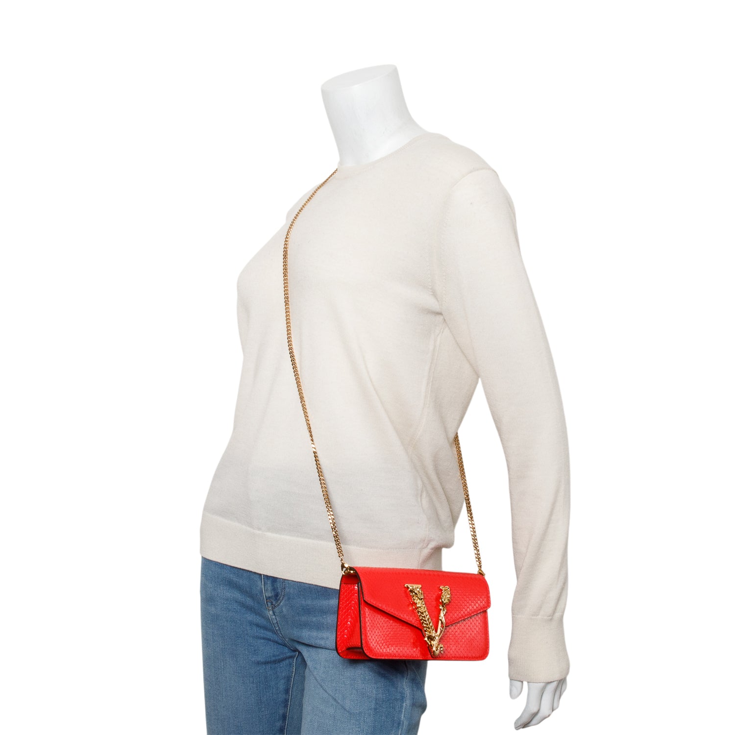 Versace Red Embossed Calf Leather Mini Chain Crossbody Bag w/ Box