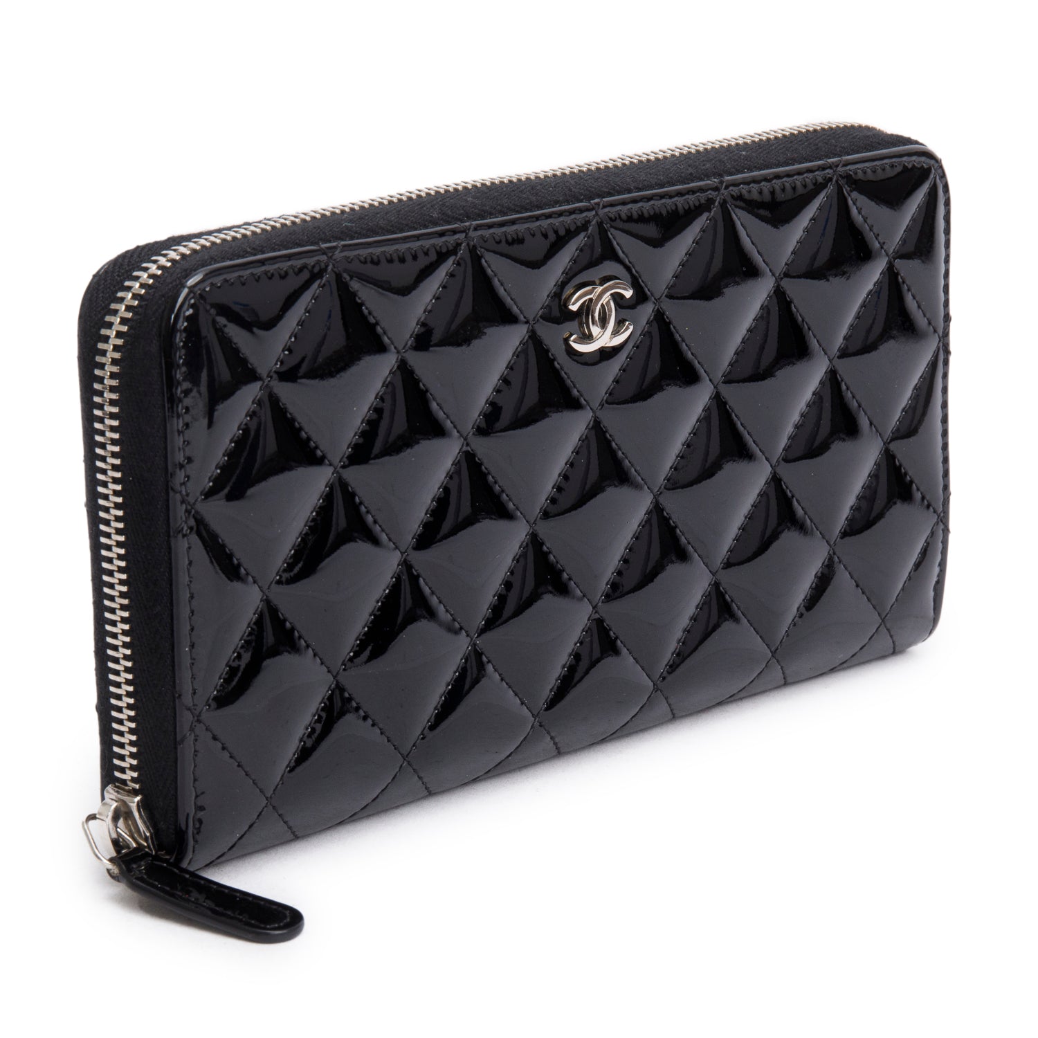 Chanel Black Patent Leather Calfskin Quilted Large Gusset Zip Around Wallet w/ Authenticity Card