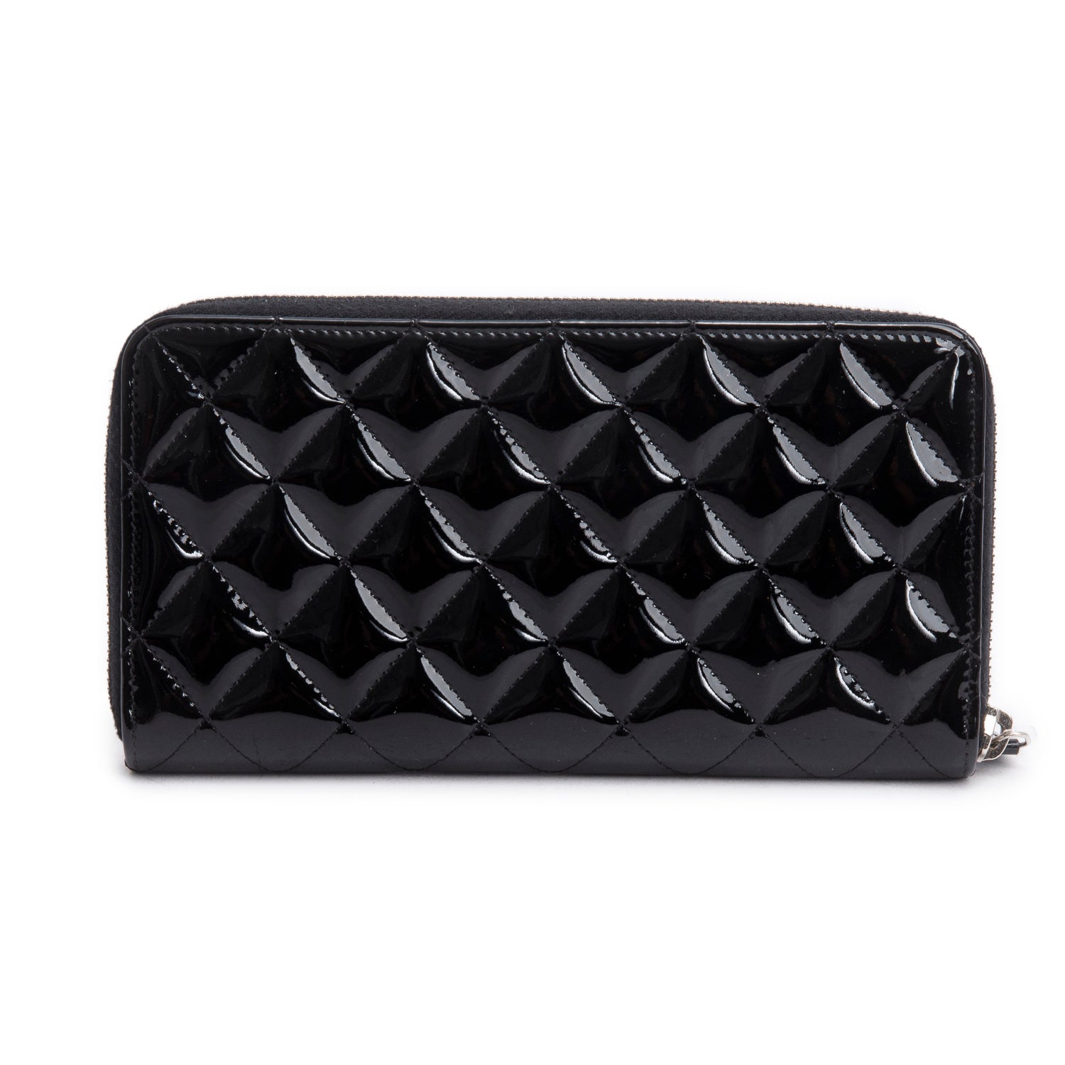 Chanel Black Patent Leather Calfskin Quilted Large Gusset Zip Around Wallet w/ Authenticity Card