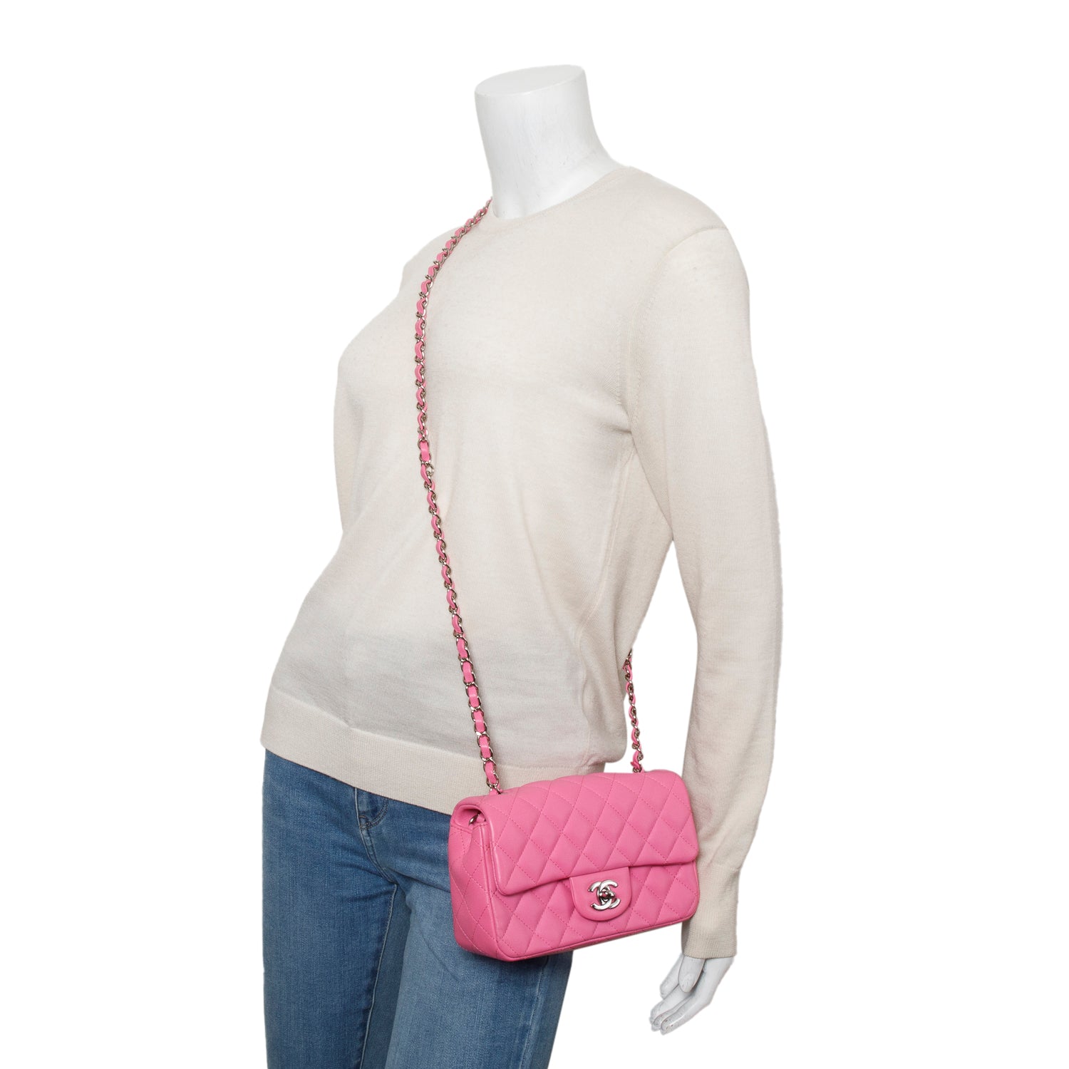 Chanel 2021 Pink Lambskin Quilted Mini Rectangular Flap Bag w/ Box & Authenticity Card