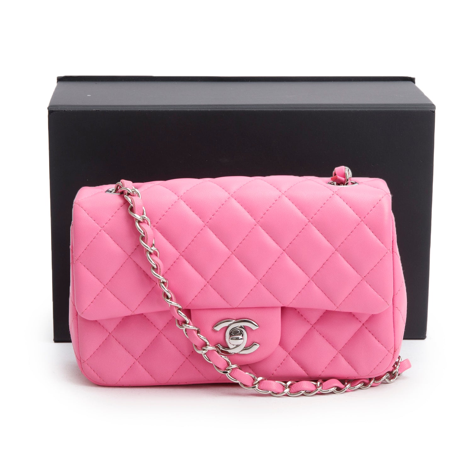 Chanel 2021 Pink Lambskin Quilted Mini Rectangular Flap Bag w/ Box & Authenticity Card