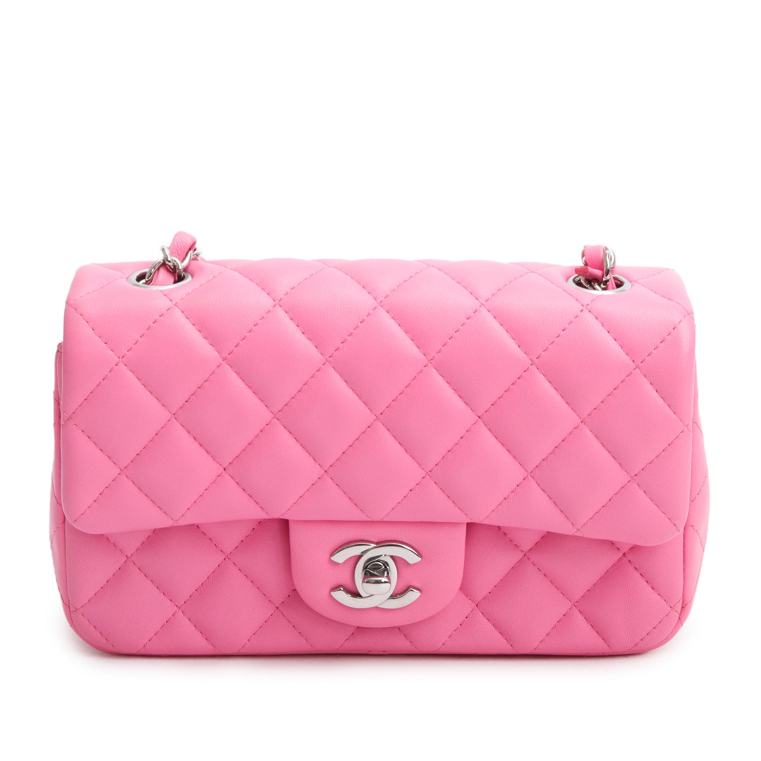 Chanel 2021 Pink Lambskin Quilted Mini Rectangular Flap Bag w/ Box & Authenticity Card
