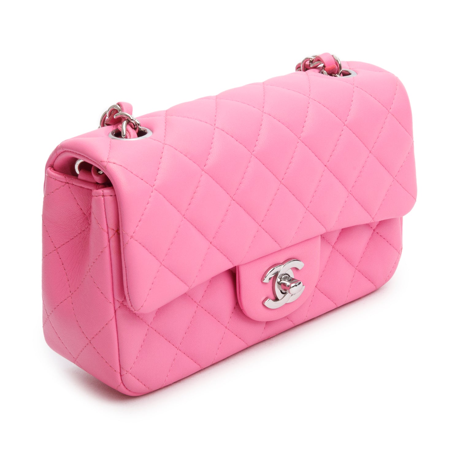 Chanel 2021 Pink Lambskin Quilted Mini Rectangular Flap Bag w/ Box & Authenticity Card