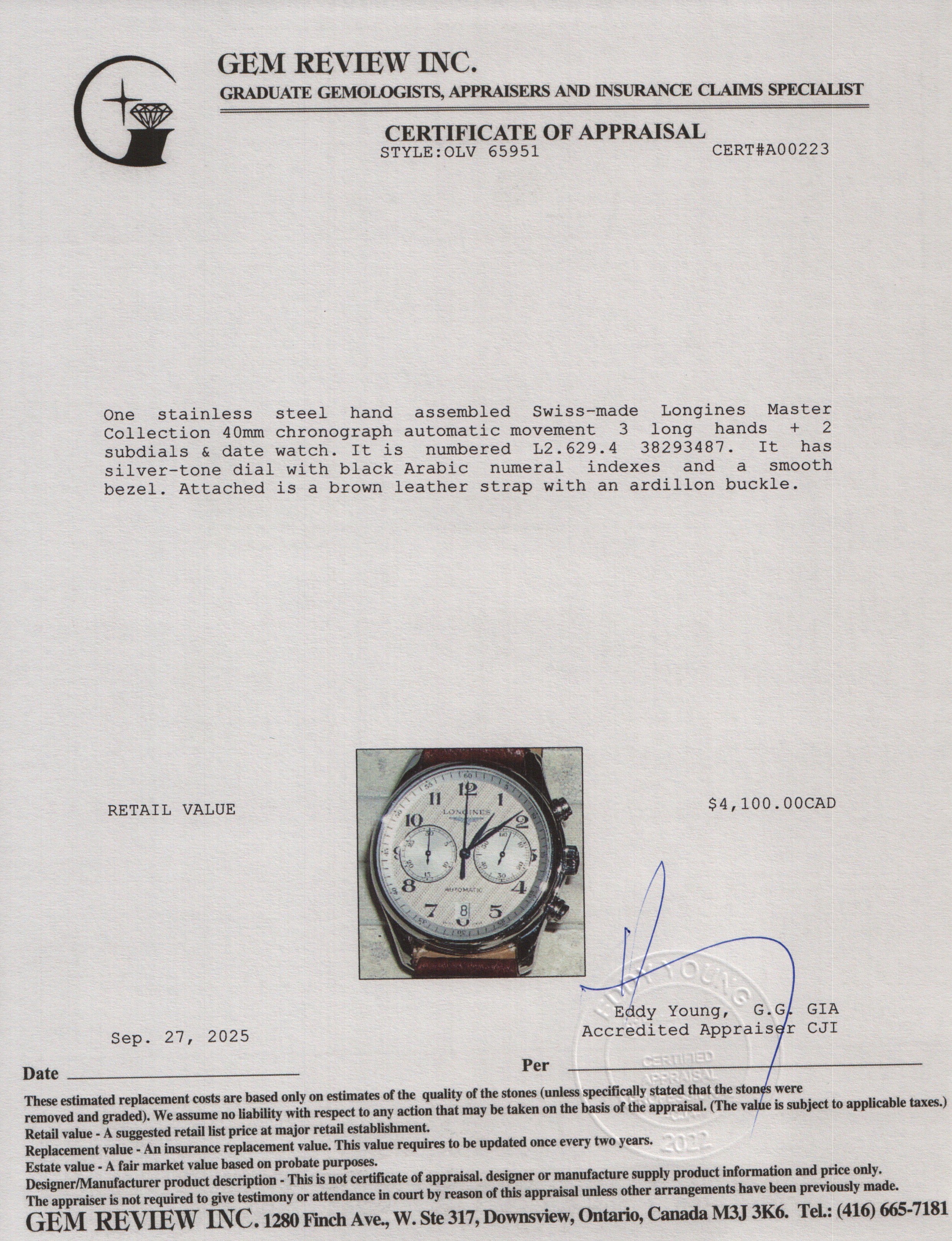 Longines Stainless Steel Master Collection 40 MM Chronograph Automatic Watch w/ Papers