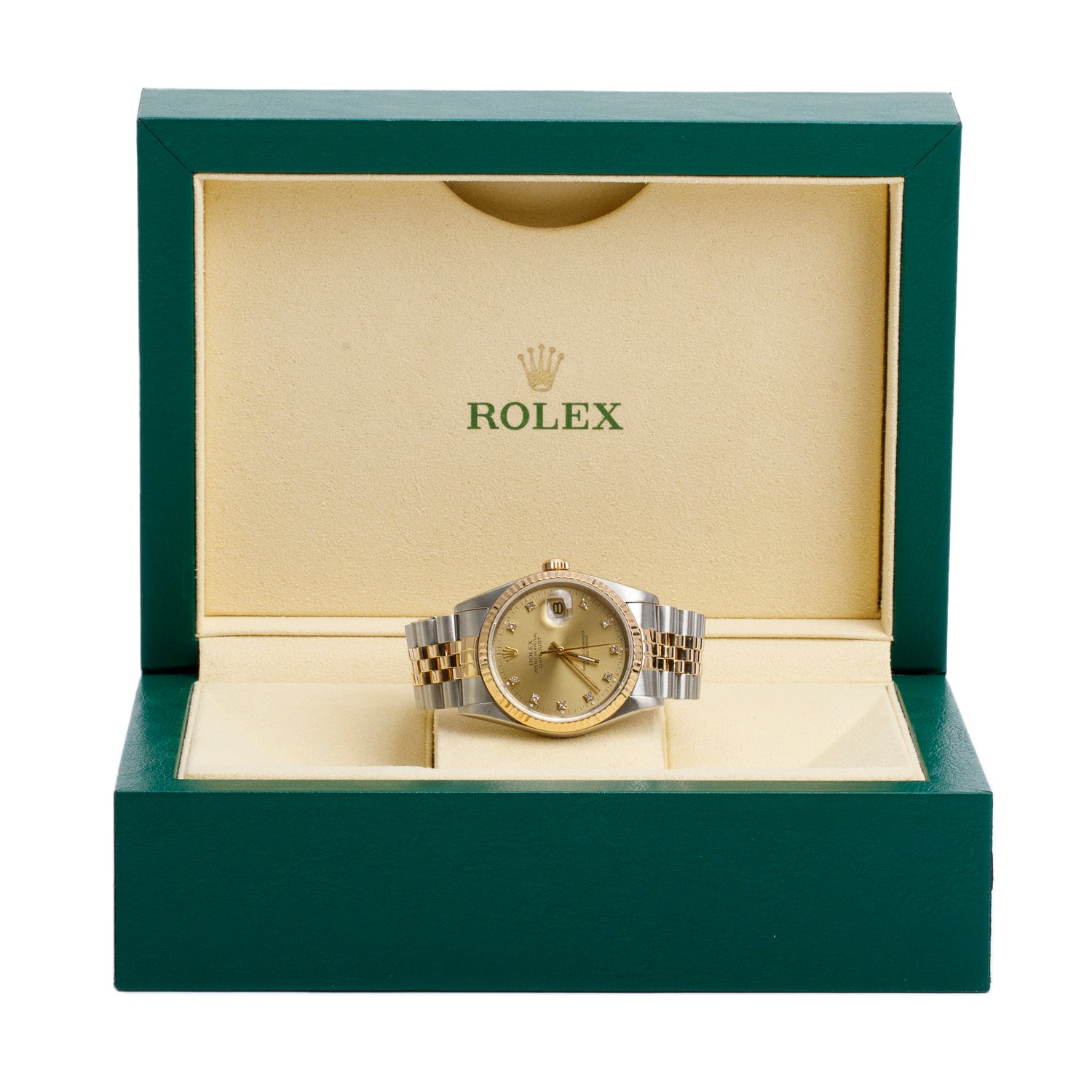 Rolex Stainless Steel & 18k Yellow Gold Datejust 36 MM Watch Champagne Diamond Dial 16233 w/ Box
