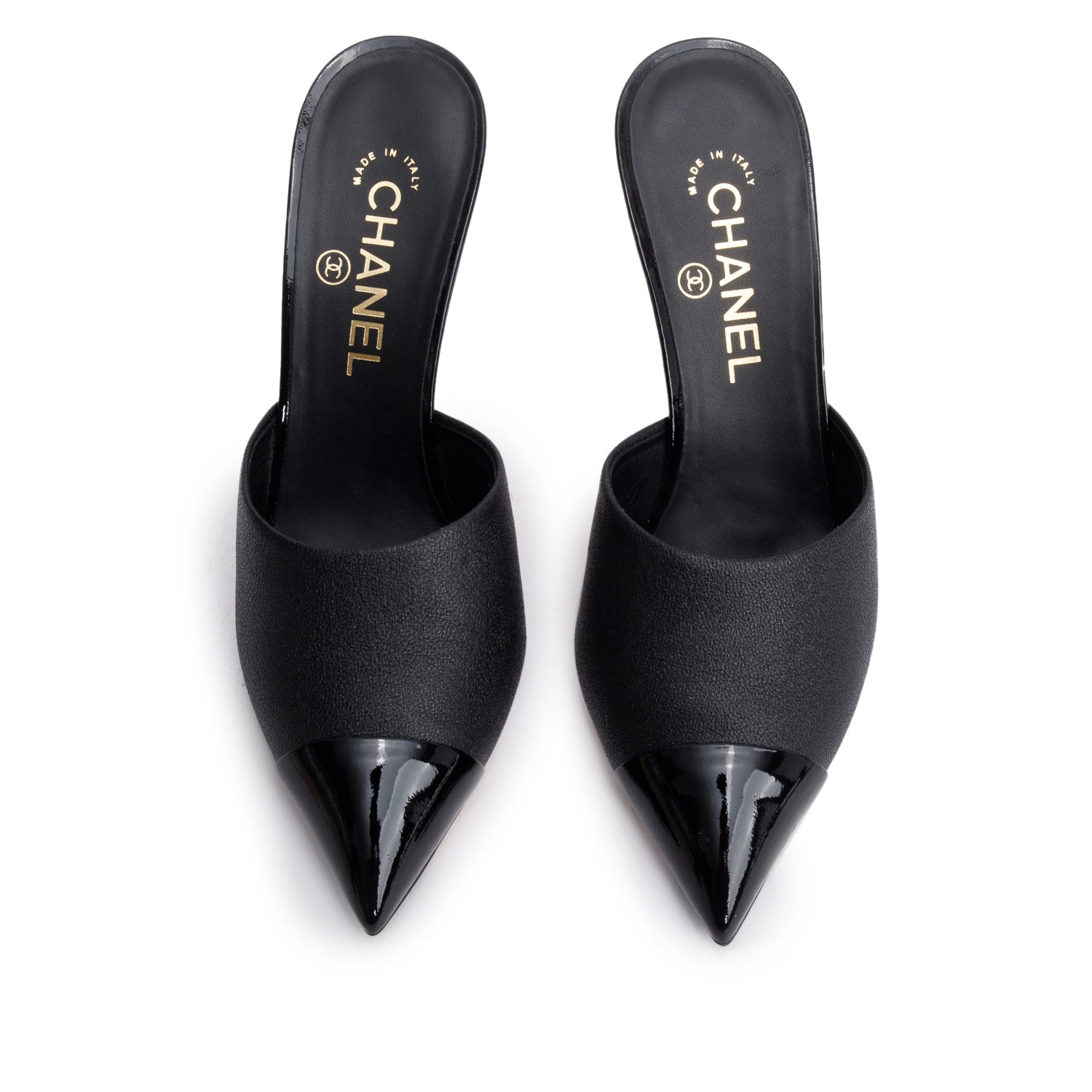 Chanel Black Calfskin Grosgrain Cap Toe Pearl Mule, Size 38 w/ Box