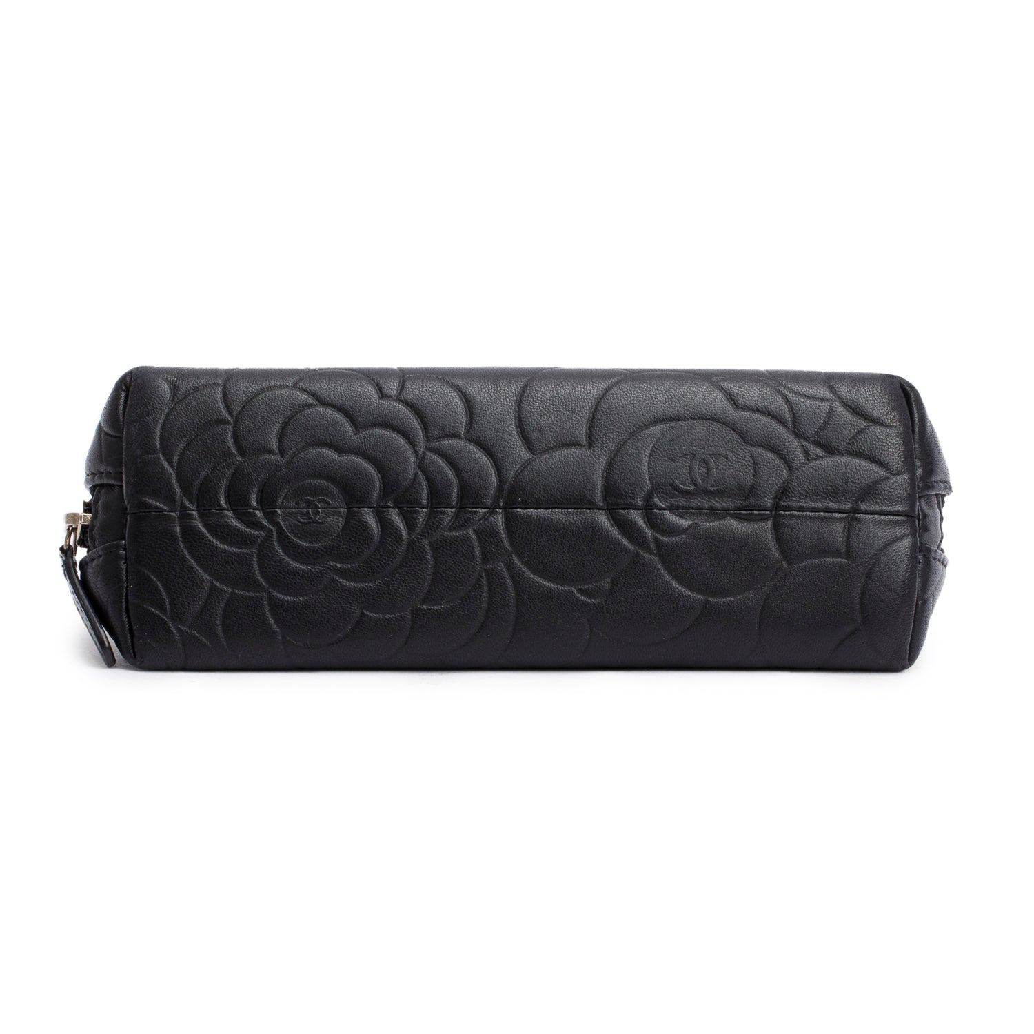 Chanel Black Lambskin Camellia Embossed Cosmetic Case