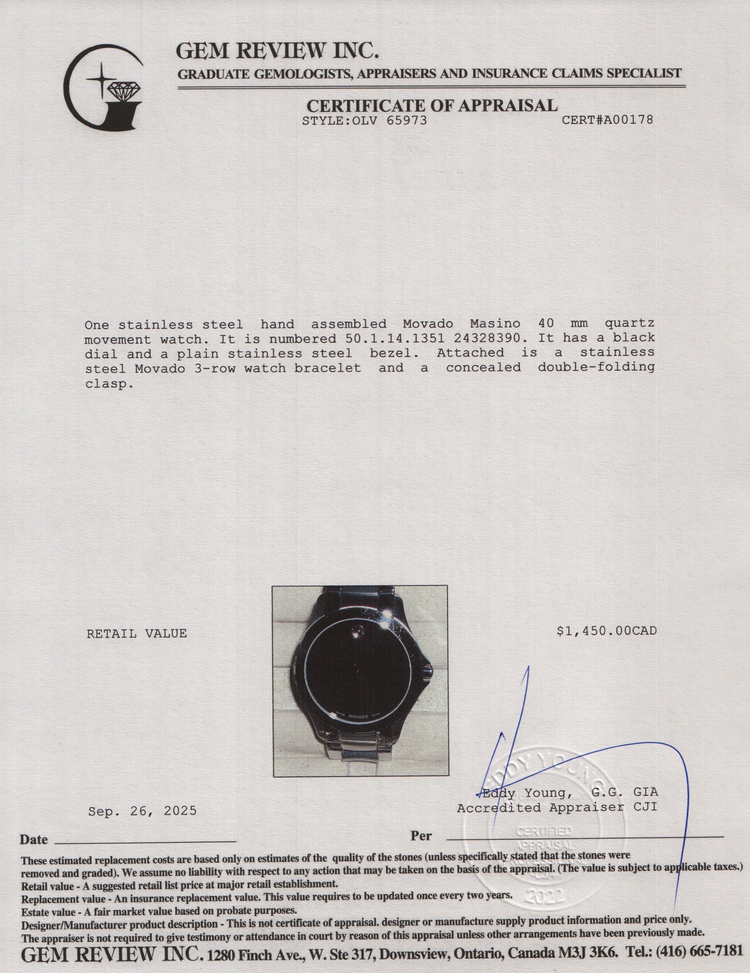 Movado Stainless Steel Masino 40 MM Quartz Watch Black Dial w/ Box