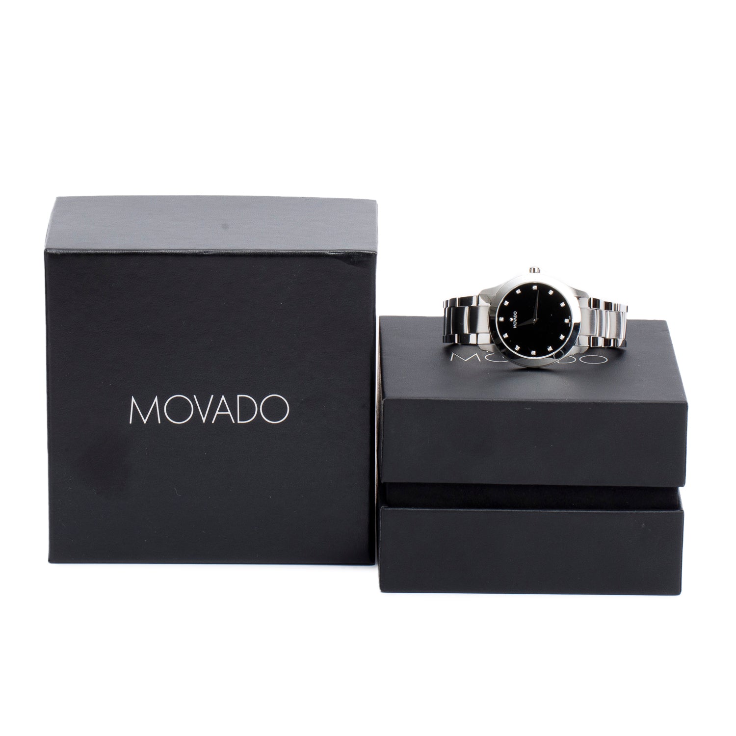 Movado Stainless Steel Masino 40 MM Quartz Watch Black Diamond Dial w/ Box
