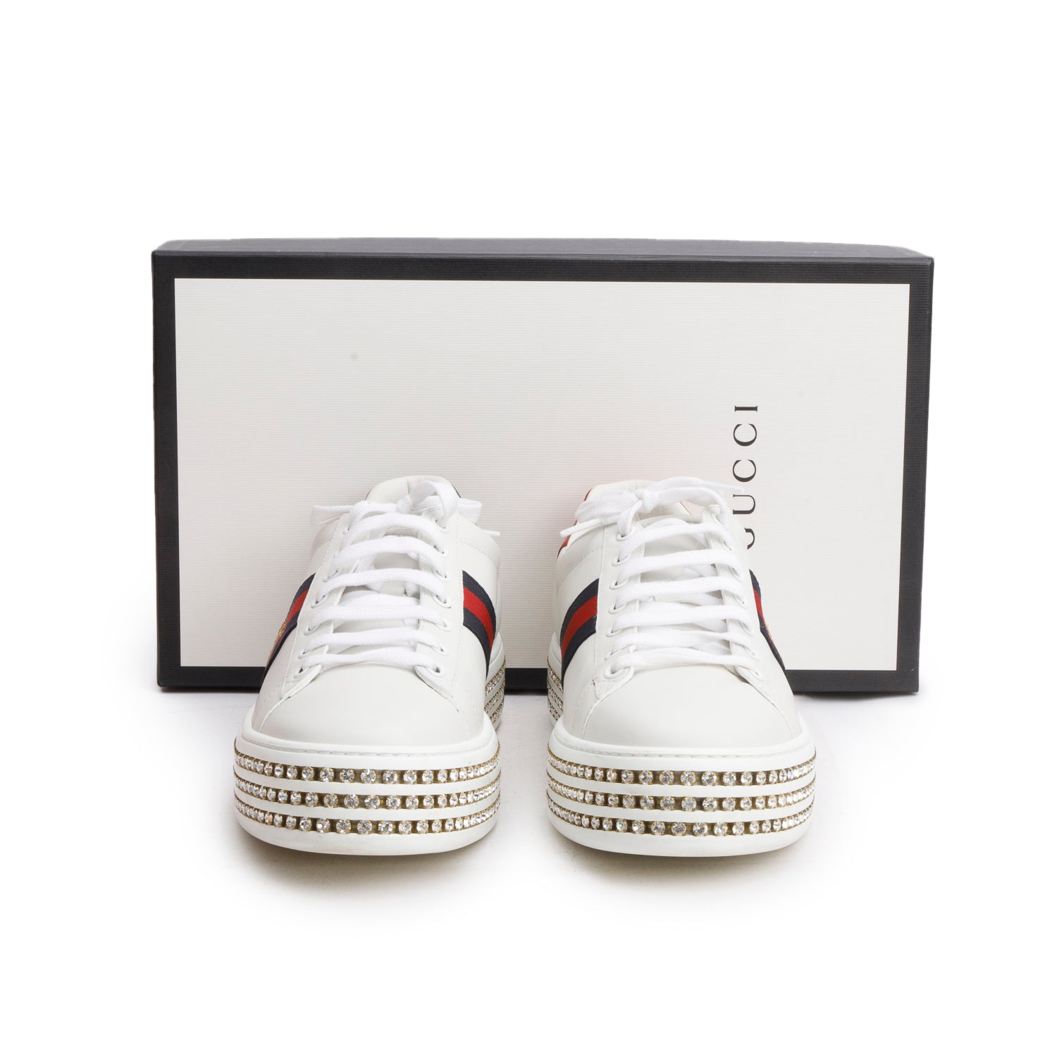 Gucci White Calfskin Web Bee Embroidered Crystal Platform Ace Sneakers, Size 41 w/ Box