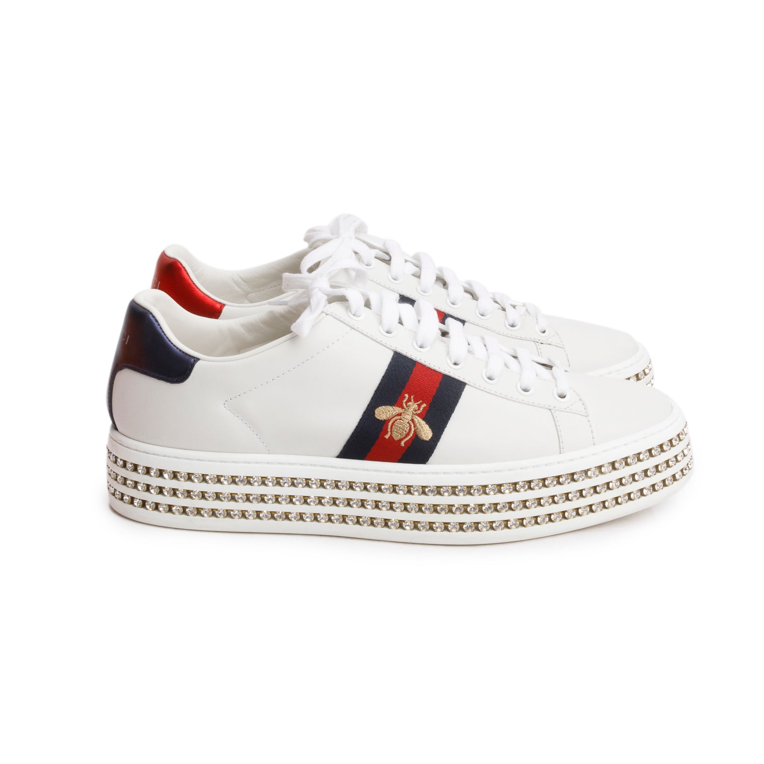 Gucci White Calfskin Web Bee Embroidered Crystal Platform Ace Sneakers, Size 41 w/ Box