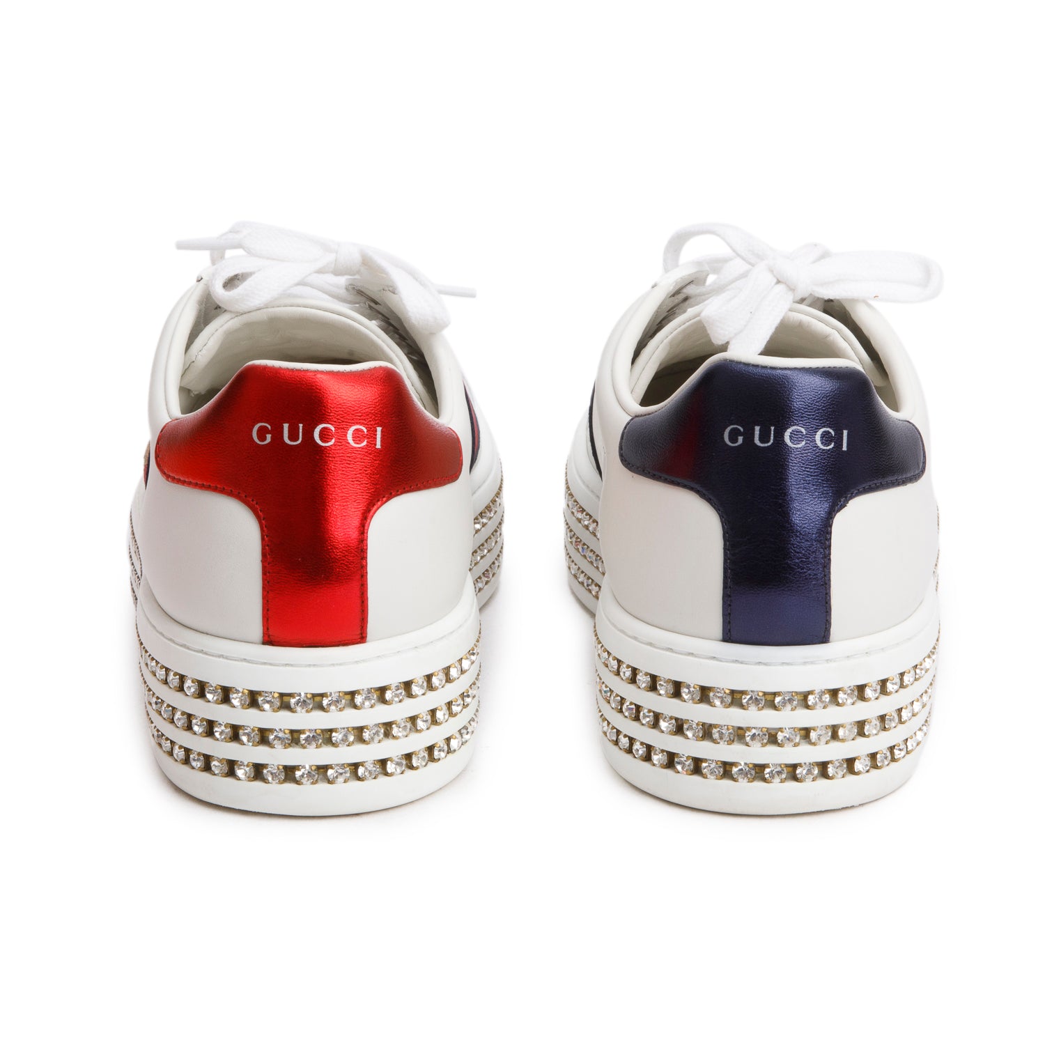 Gucci White Calfskin Web Bee Embroidered Crystal Platform Ace Sneakers, Size 41 w/ Box