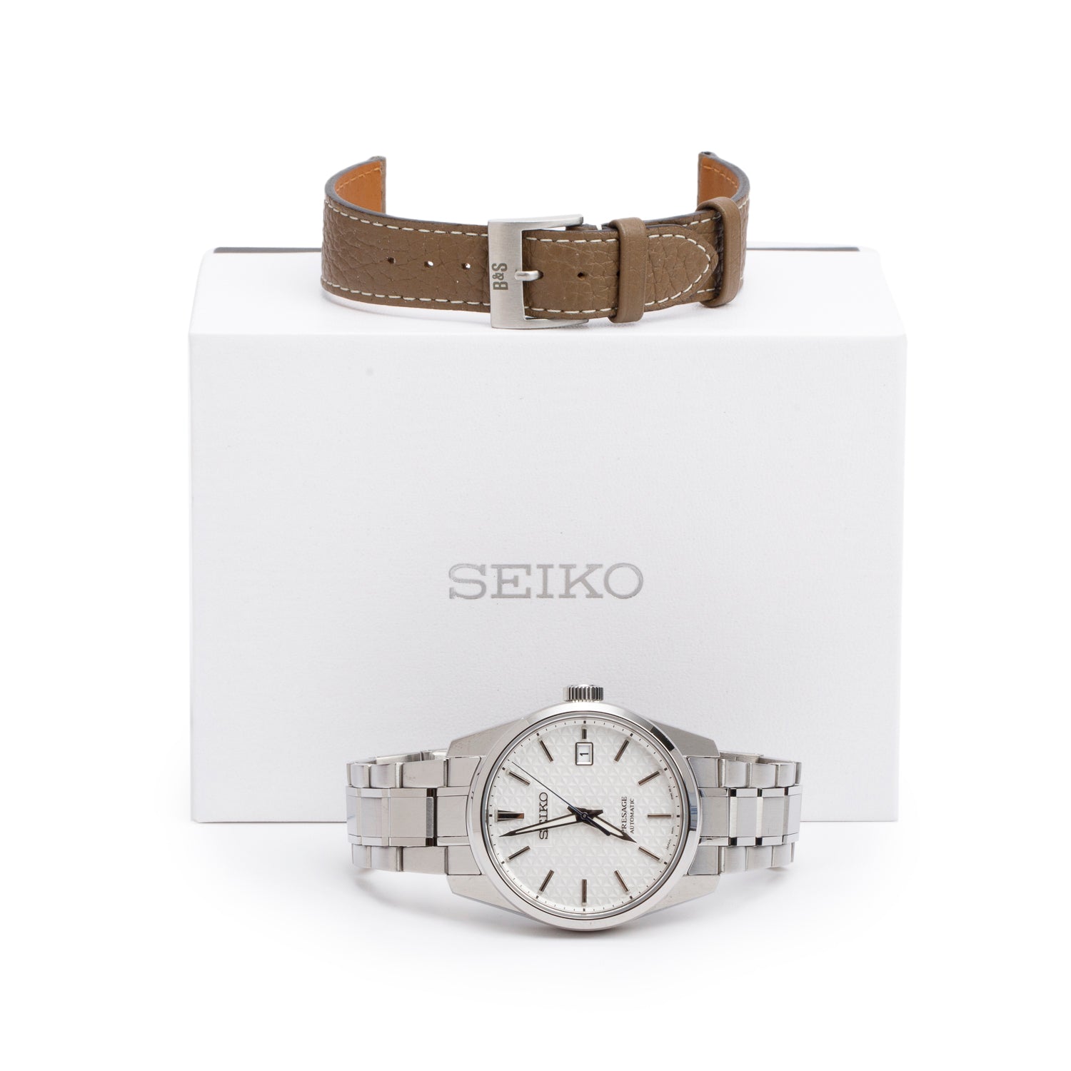 Seiko Stainless Steel Presage Sharp Edged Series 40 MM Automatic Watch Silver Dial w/ Box & Extra Strap