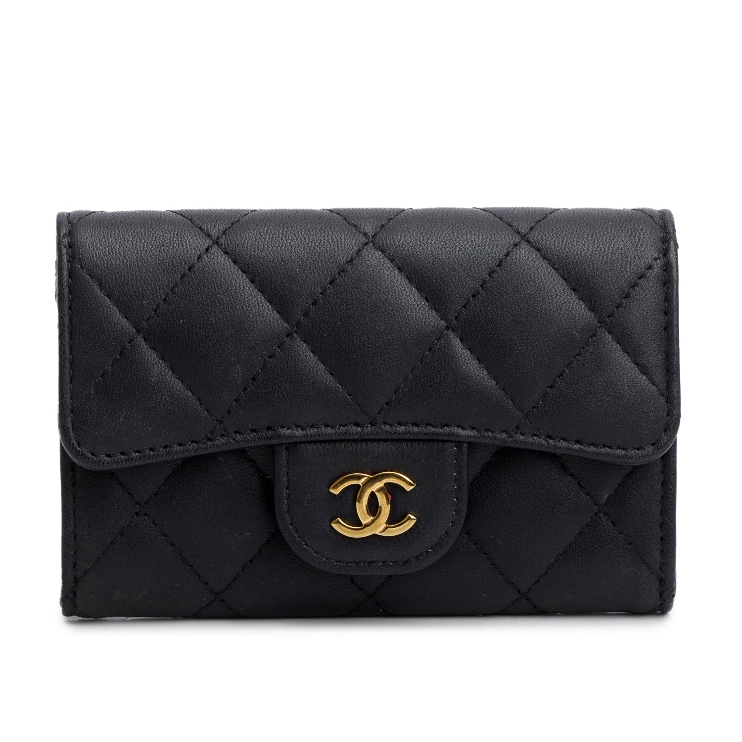 Chanel Black Lambskin Quilted Flap Card Holder w/ Box