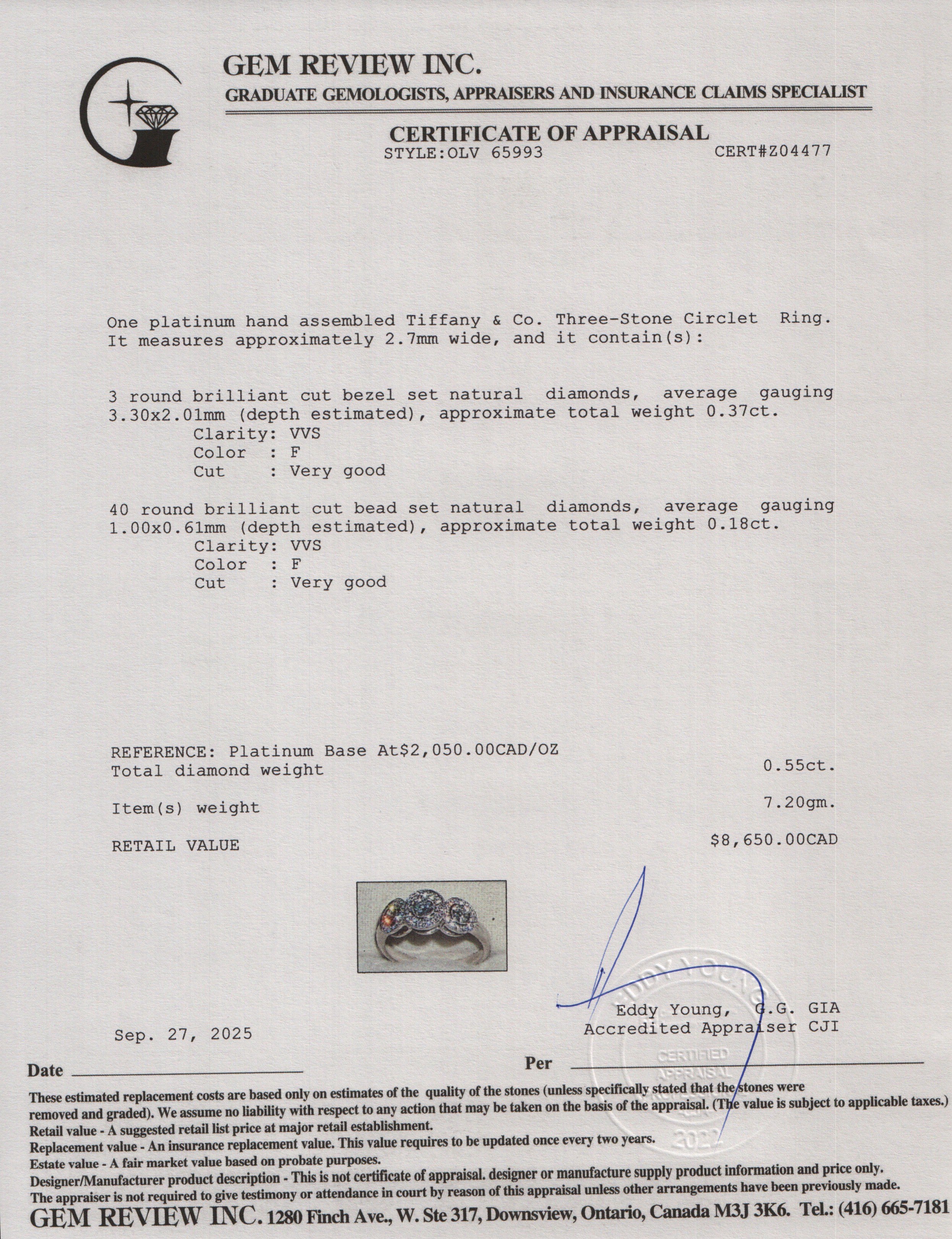 Tiffany & Co. Platinum Diamond Three-Stone Circlet Ring, Size 8 w/ Box