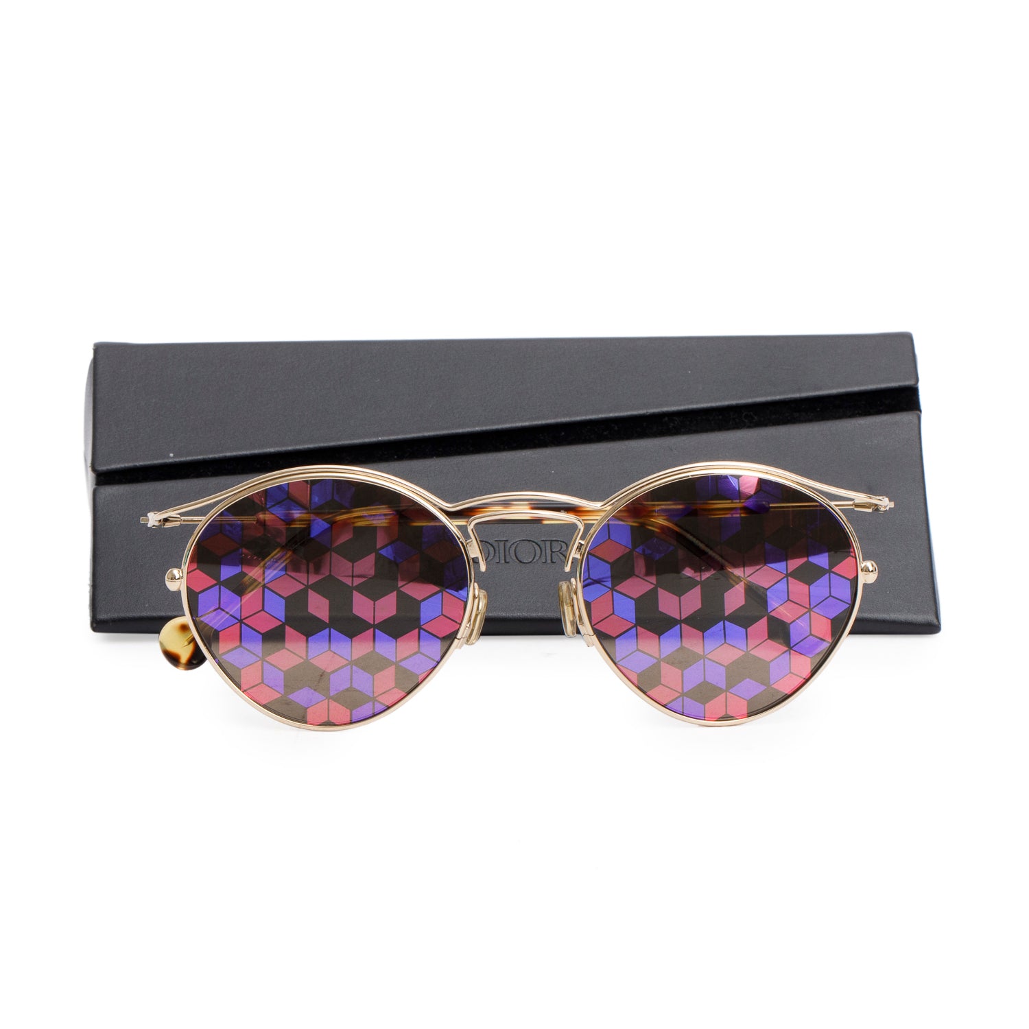 Christian Dior ORIGINS1 Gold Tone Marqueterie Print Sunglasses w/ Case
