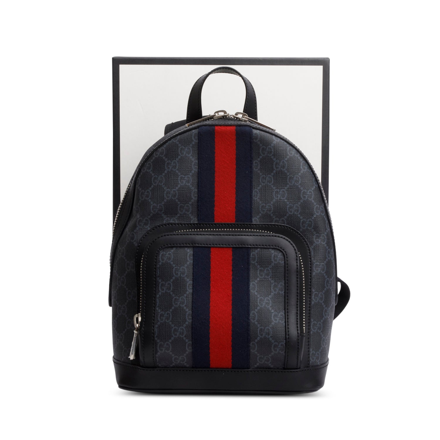 Gucci Black GG Supreme Monogram Calfskin Web Small Ophidia Day Backpack w/ Box