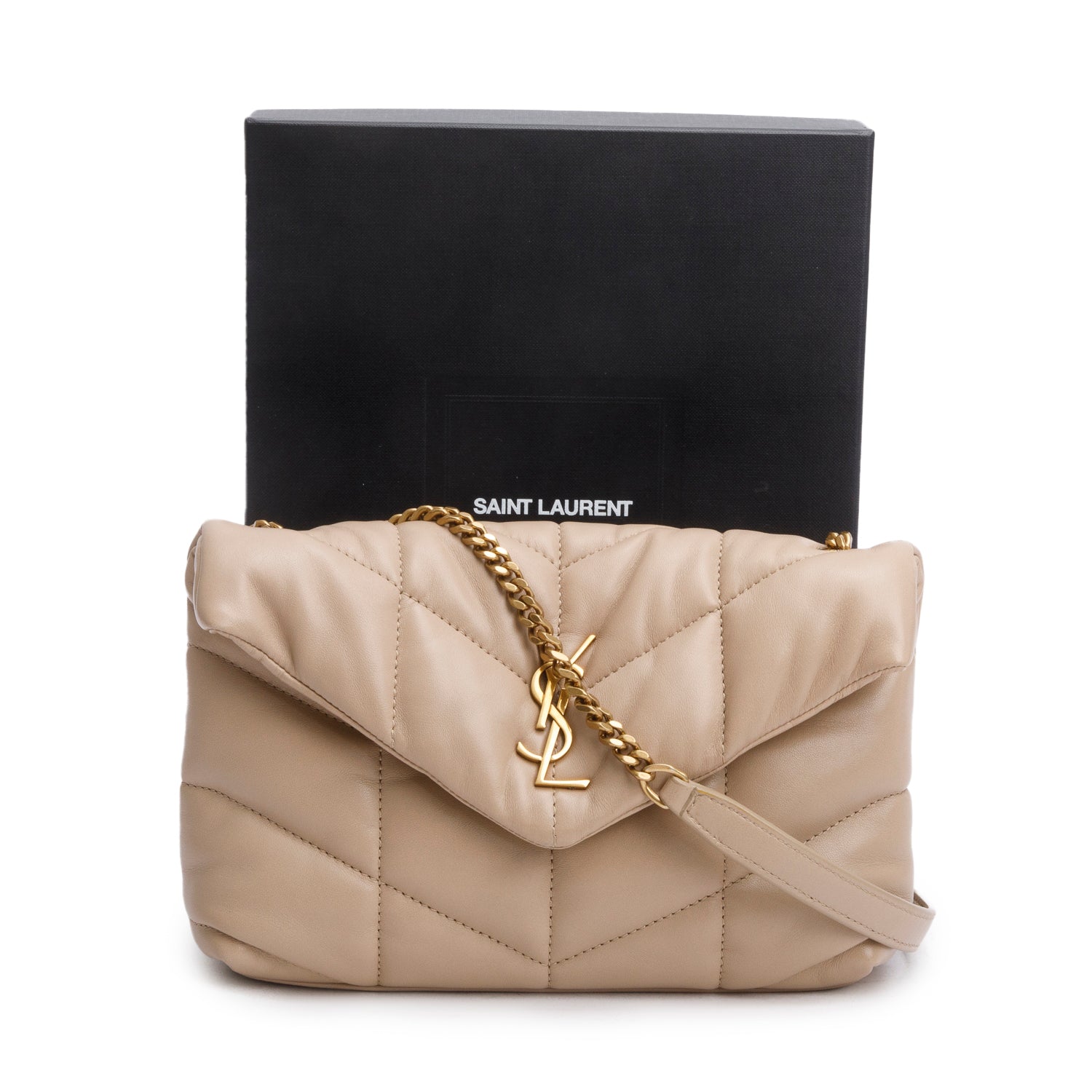 Saint Laurent 2020 Dark Beige Lambskin Quilted Toy Loulou Monogram Chain Satchel w/ Box
